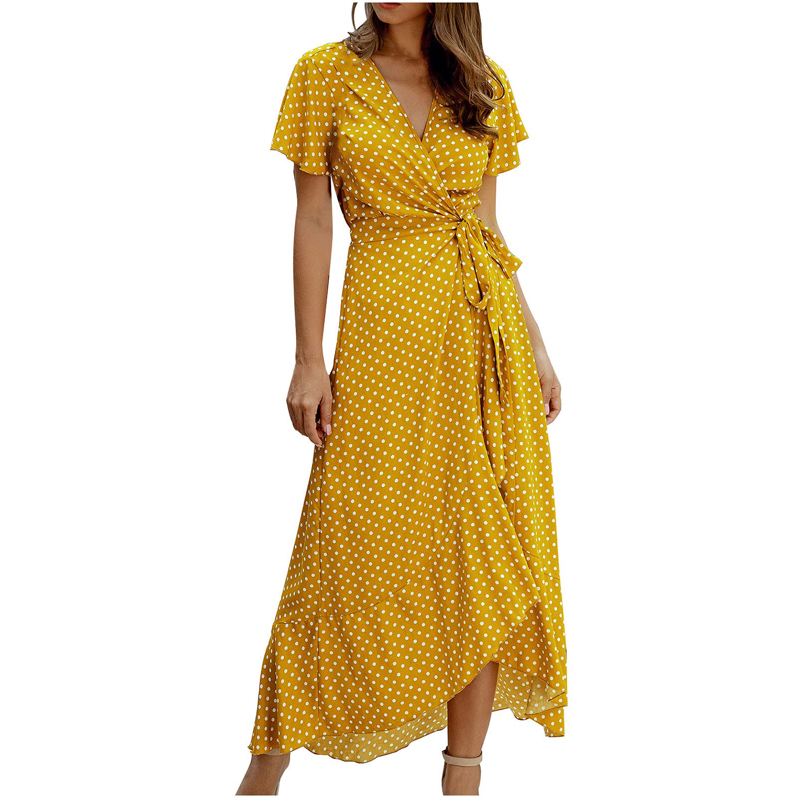 Women's Casual Summer Dress - V-Neck Polka Dot Bohemian Maxi Dress with Belt for Beach, Wedding Guest & Special Occasions | Elegant Slit Design for Comfortable Style