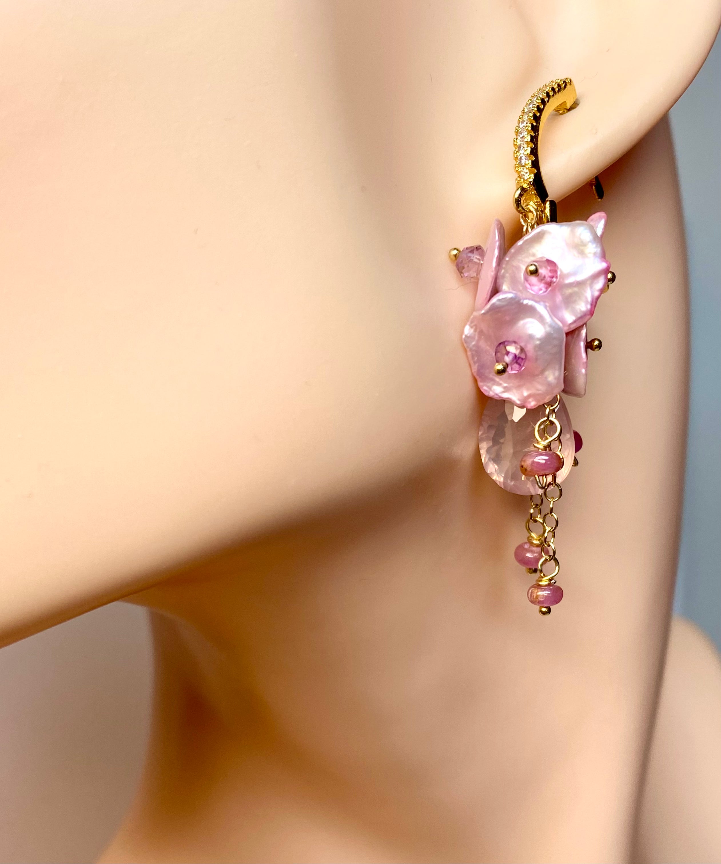 Rose Quartz Pink Keishi Pearl Cluster Earrings – Dainty Boho Jewelry for Women, Gift for Her, Wedding, Party & Everyday Wear