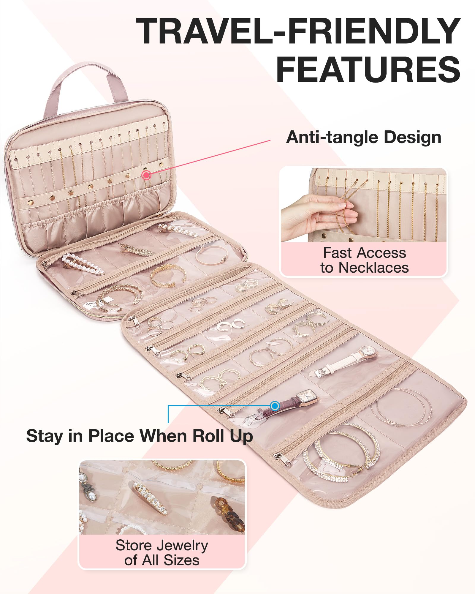 BAGSMART Travel Jewelry Organizer - Hanging Roll Jewelry Case with Zipper Pockets to Prevent Oxidation, Large Capacity for Earrings Necklaces Rings - Perfect for Closet Wall Door Storage & Portable Travel Essentials (Pink) | Great for Vacation Business Trips & Daily Jewelry Organization