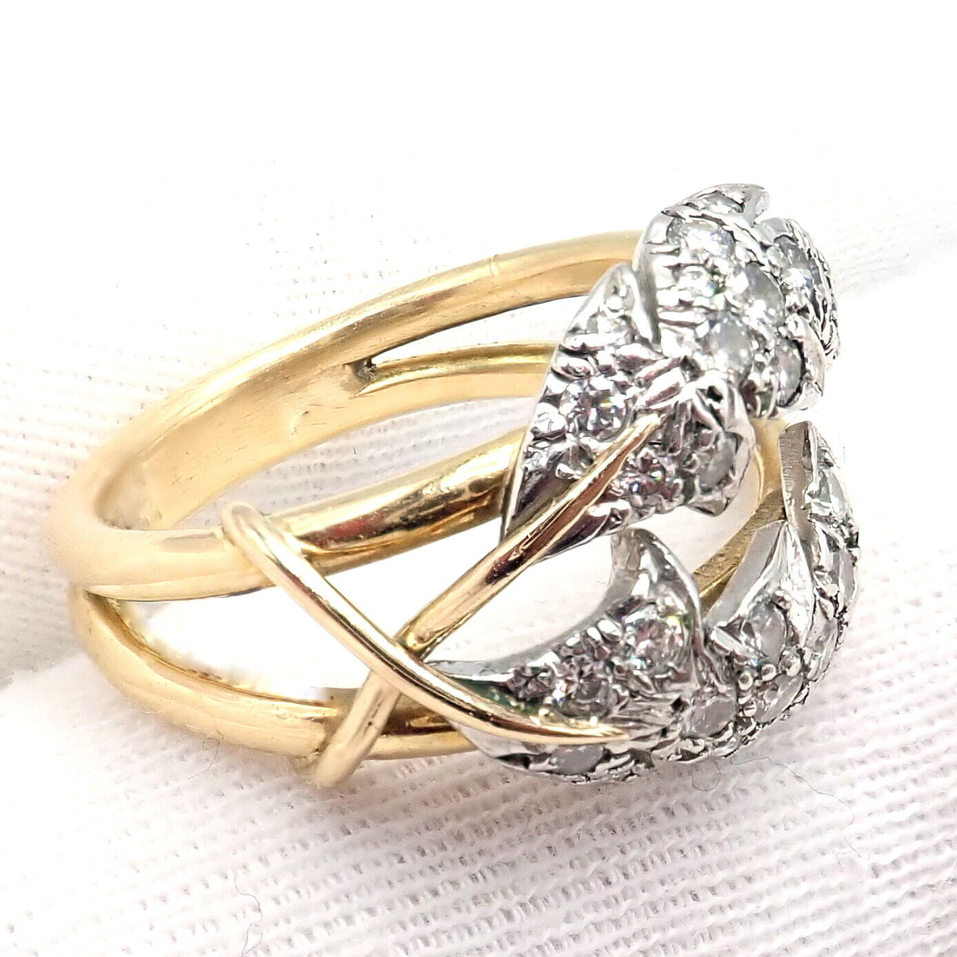 Authentic Tiffany & Co. Schlumberger Diamond Ring in 18K Yellow Gold & Platinum - Elegant Two Leaf Design for Weddings, Anniversaries & Special Occasions