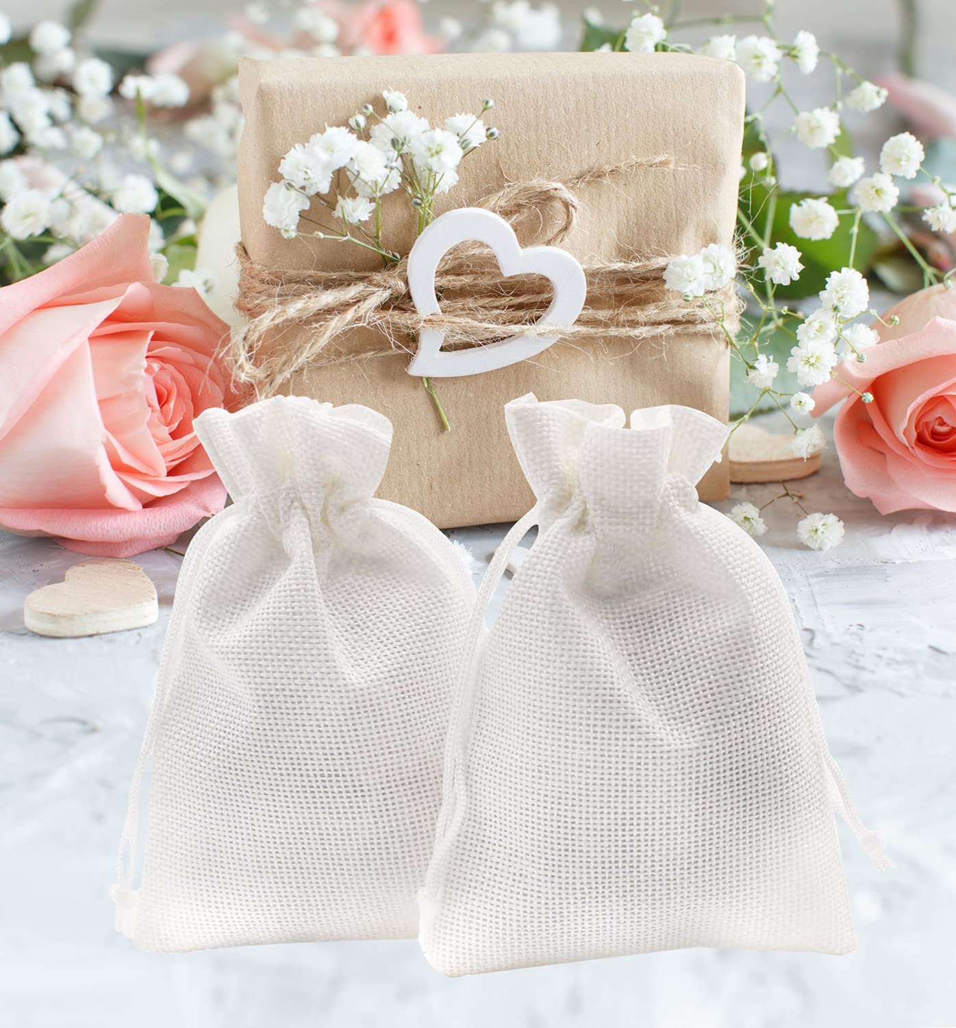 50Pcs White Burlap Drawstring Bags 5.9