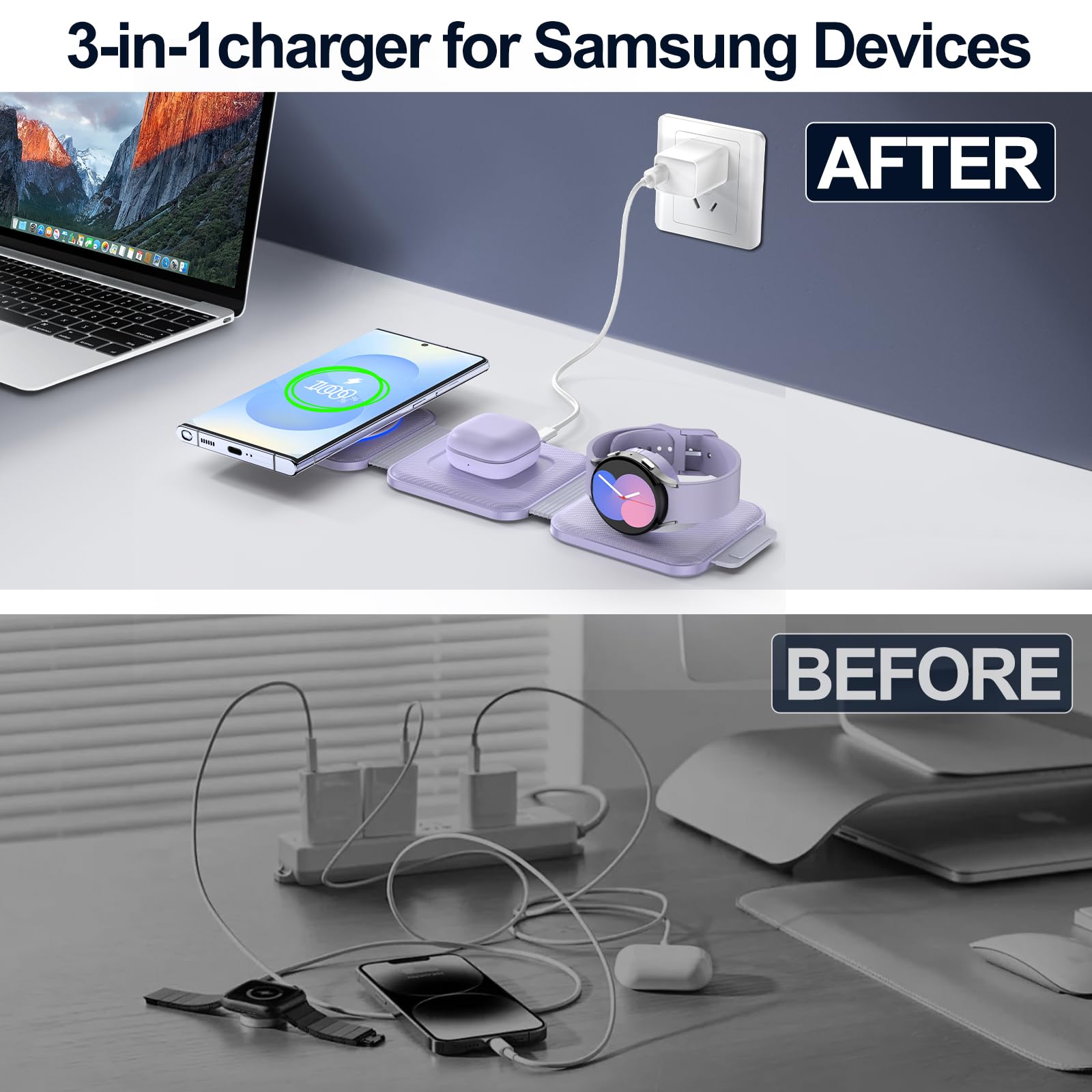 3-in-1 Foldable Wireless Charger for Samsung Galaxy S25 Ultra/S24/Z Fold Flip 6/5, Watch 7 & Buds Pro3 - Fast Charging Station with Stand for Multiple Devices | Travel & Office Use (Purple)