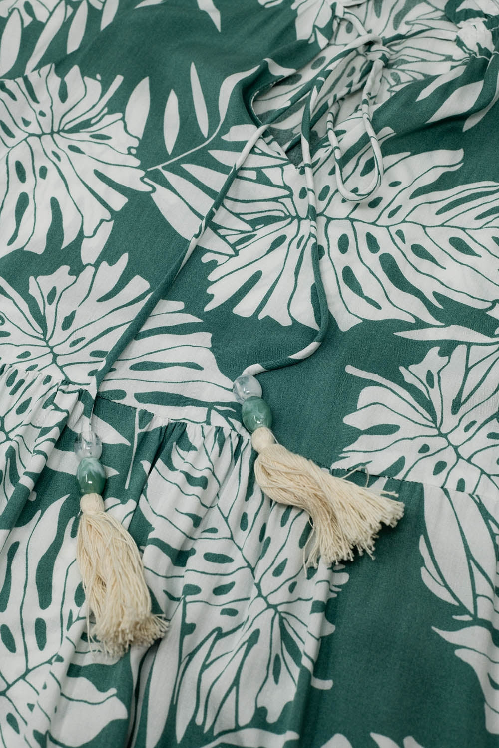 Boho Long Sleeve Balloon Robe with Leaf Print in Green - Perfect for Yoga, Beach Cover-Up, and Relaxing at Home
