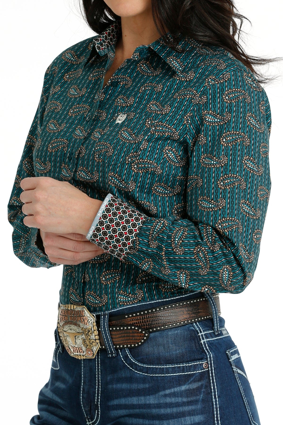 Women's Long Sleeve Cinch Teal Print Button-Up Shirt - Casual & Office Wear, Perfect for Work, Dates & Everyday Outfits