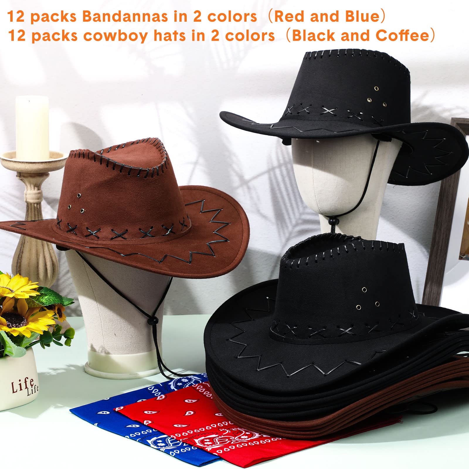 24 Pcs Cowboy Hats with Bandana - Western Party Hats for Cowboy Theme Party, Halloween Costume, Wild West Show & Rodeo Events - Bulk Pack for Kids & Adults