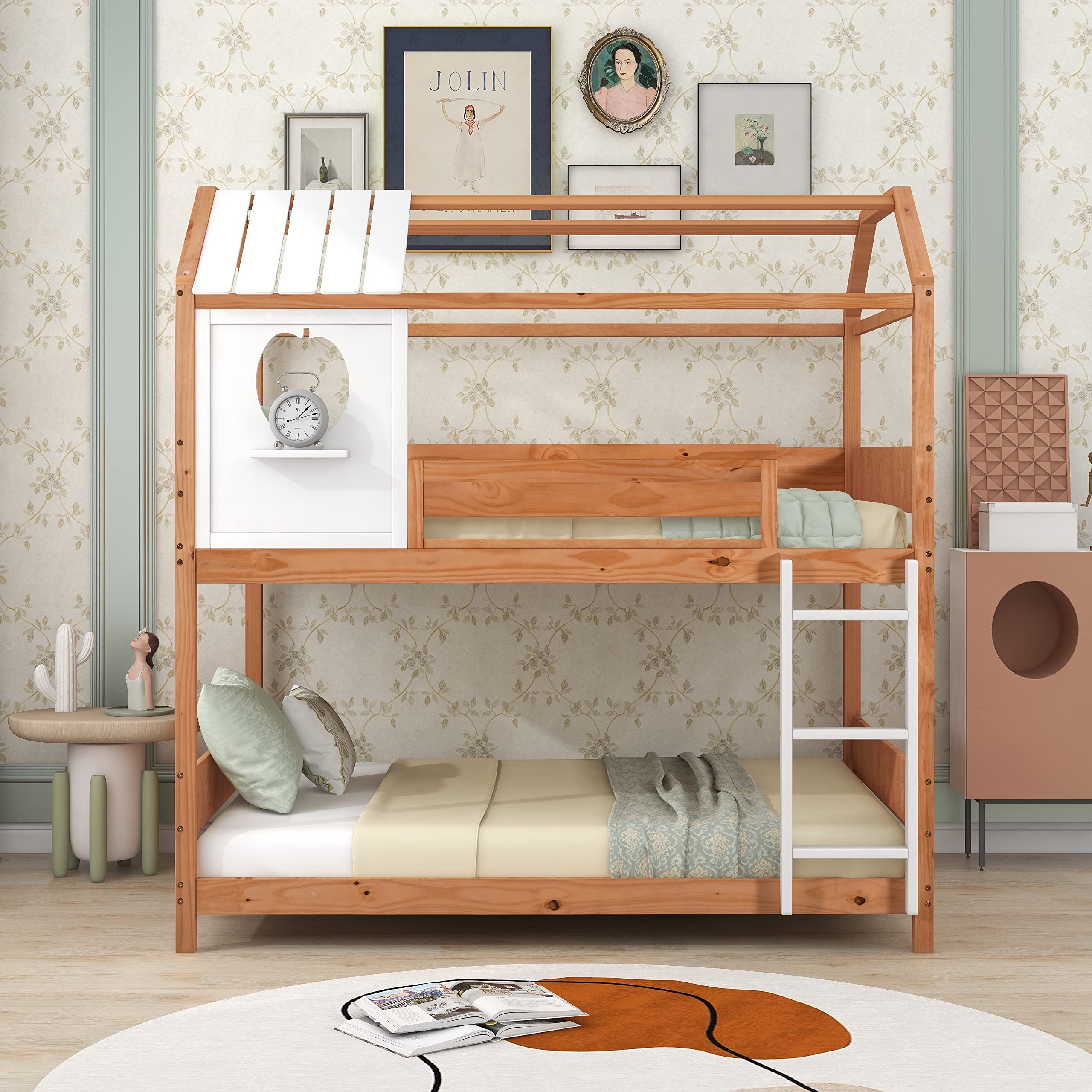 Full Over Full Size Solid Wood Bunk Bed with Window/Roof Design, Built-in Little Shelf & Full-Length Guardrail - Low Profile Frame, No Box Spring Needed - Perfect for Kids' Bedrooms, Guest Rooms & Small Spaces