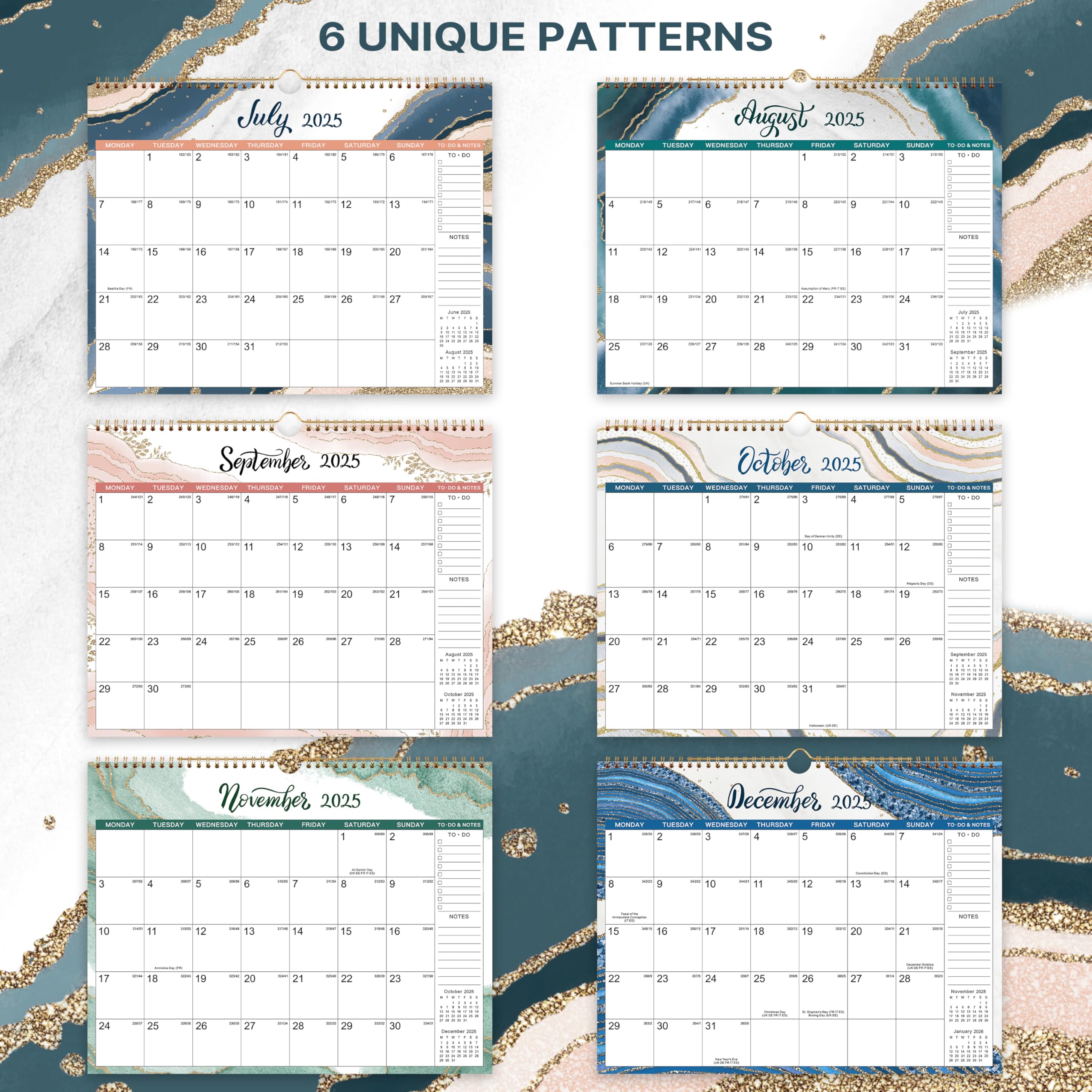 2025-2026 Wall Calendar - 18 Month Planner from March 2025 to August 2026 | 6 Stylish Designs | Twin-Wire Binding with Hanging Hook | 14.8