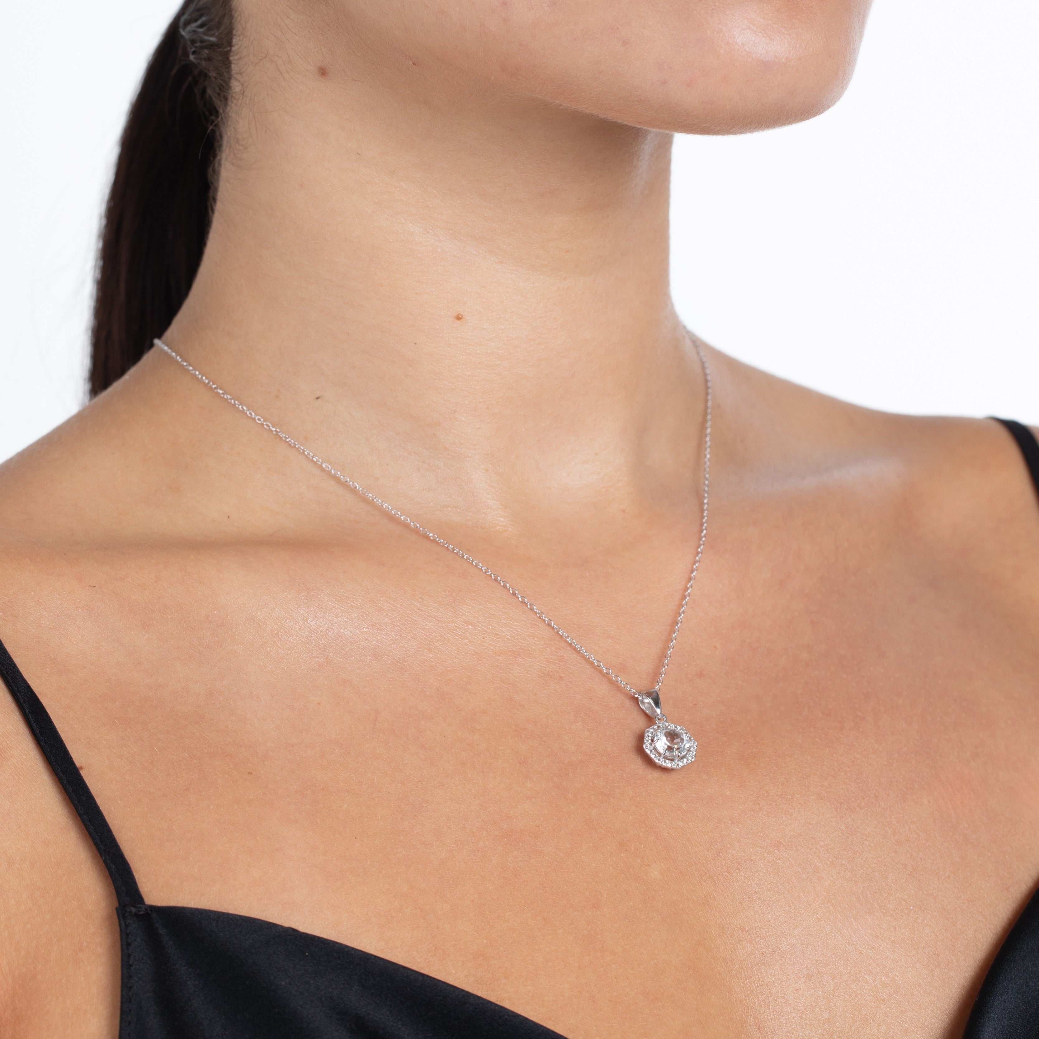 White Topaz Halo Necklace for Women - 925 Sterling Silver Elegant Pendant Jewelry - Perfect for Weddings, Anniversaries & Special Occasions
