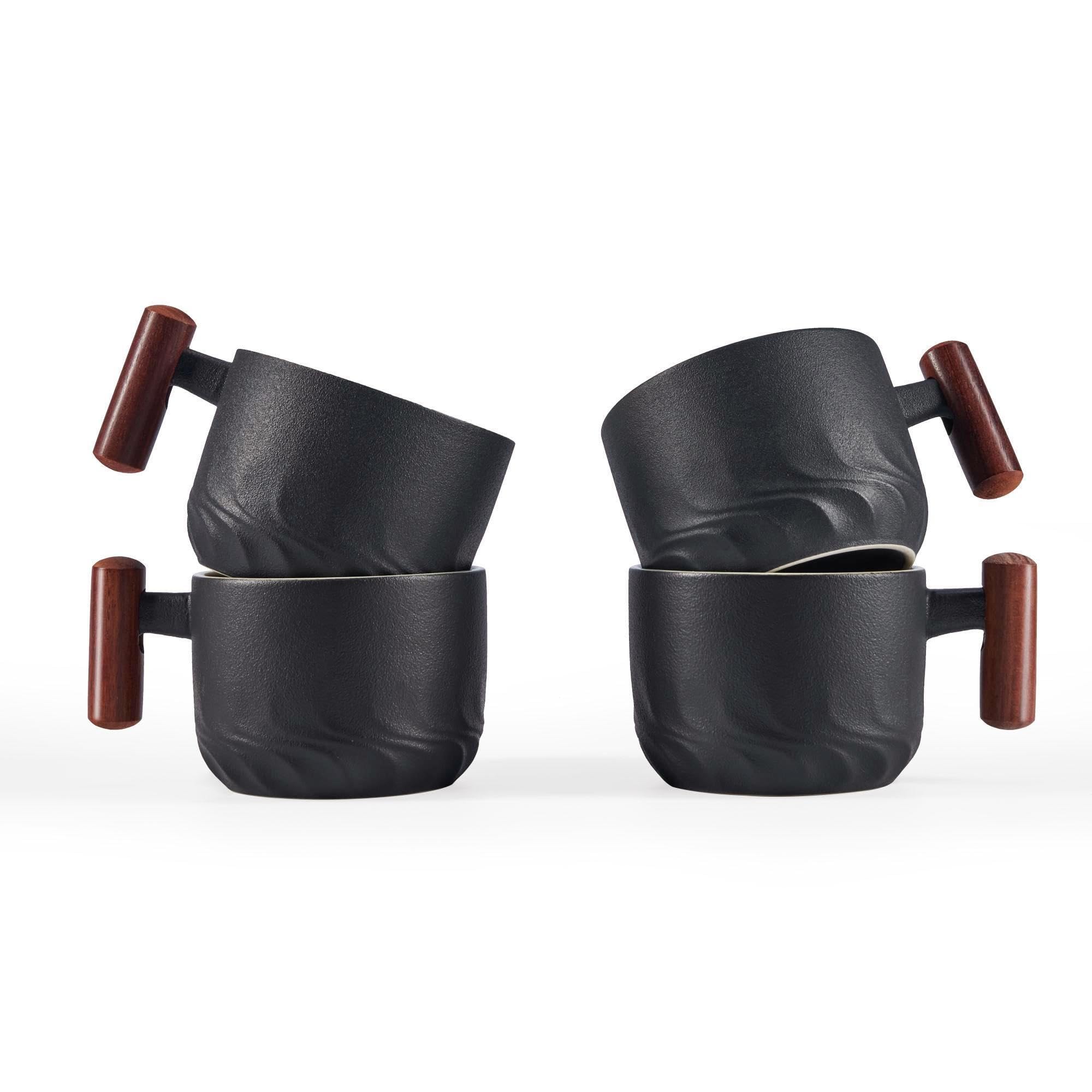 Premium 6oz Ceramic Espresso Cups with Wooden Handle - Set of 4 Small Coffee Mugs for Latte, Cappuccino & Tea - Perfect for Home, Cafe & Restaurant Use