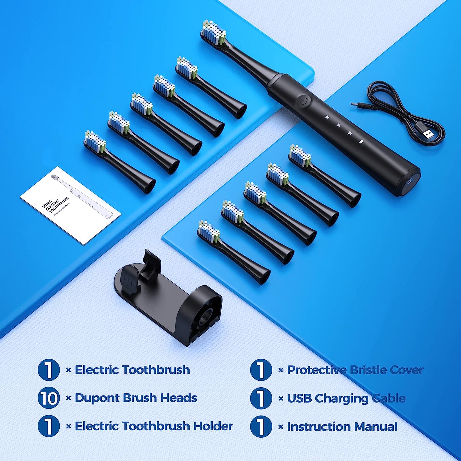 Rechargeable Sonic Electric Toothbrush for Adults - 40,000 VPM with 3 Modes, Fast 2-Hour Charge & 35-Day Battery Life - Includes Holder & 10 Brush Heads (Black) - Perfect for Travel, Home & Office Use
