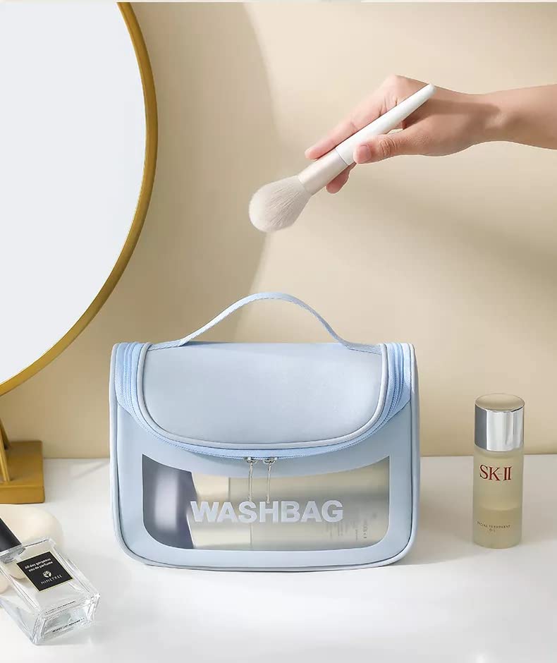 VALAMJI Clear PVC Zipper Cosmetic Travel Bag - Waterproof Toiletry Organizer for Makeup & Skincare - Portable Wash Bag for Women & Girls (Blue) - Perfect for Air Travel, Gym, Camping & Beach Trips