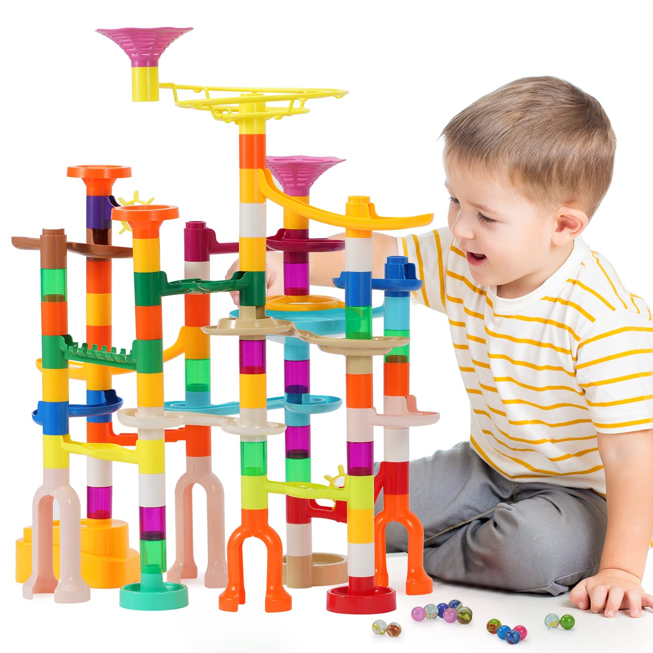 166Pcs Marble Run Building Blocks STEM Toy for Kids - Glow in The Dark Marble Maze Track Race Set with 30 Glass Marbles | Educational Learning Toys for Boys & Girls Ages 3-12 | Birthday Gift Idea for Indoor Play & STEM Activities