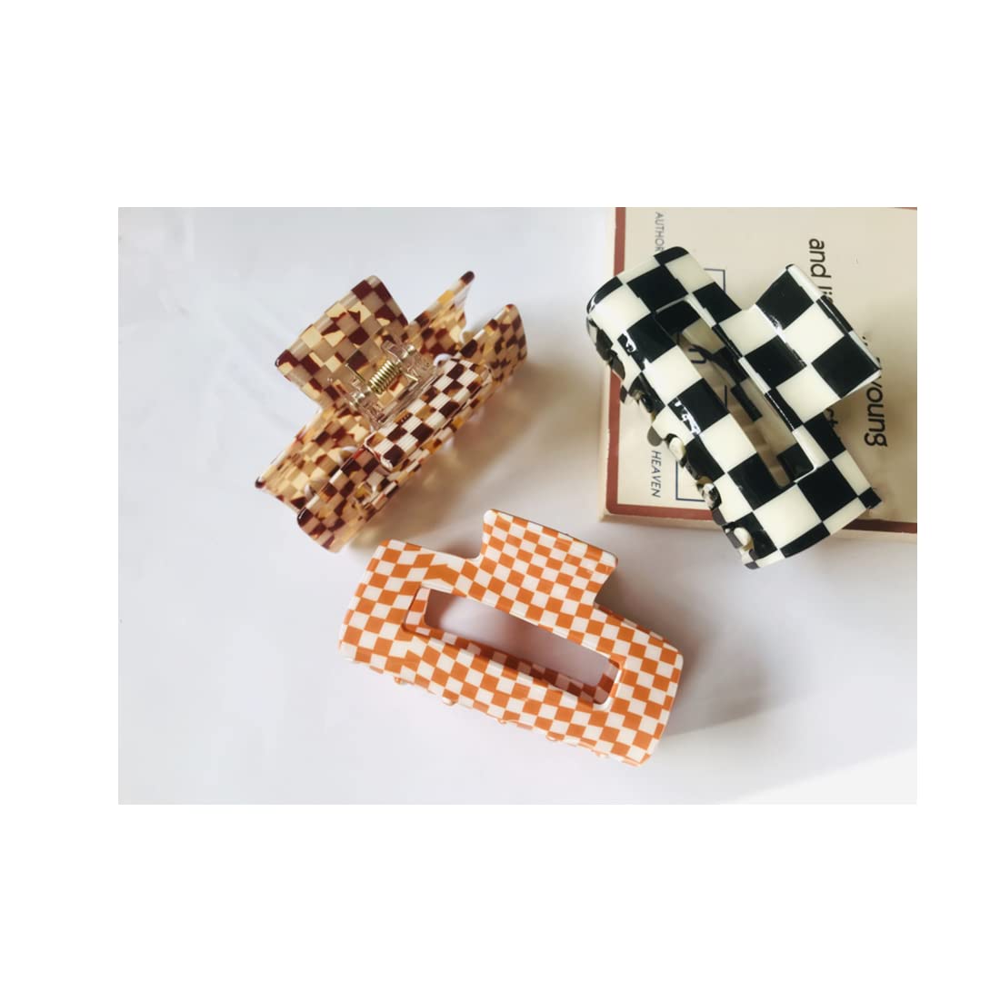 YOEMAYUNER Checkered Hair Claw Clips for Women - 3PCs Retro Rectangle Hair Clamps for Thick Hair Styling (3 Colors) - Perfect for School, Work, Parties & Everyday Fashion Accessories