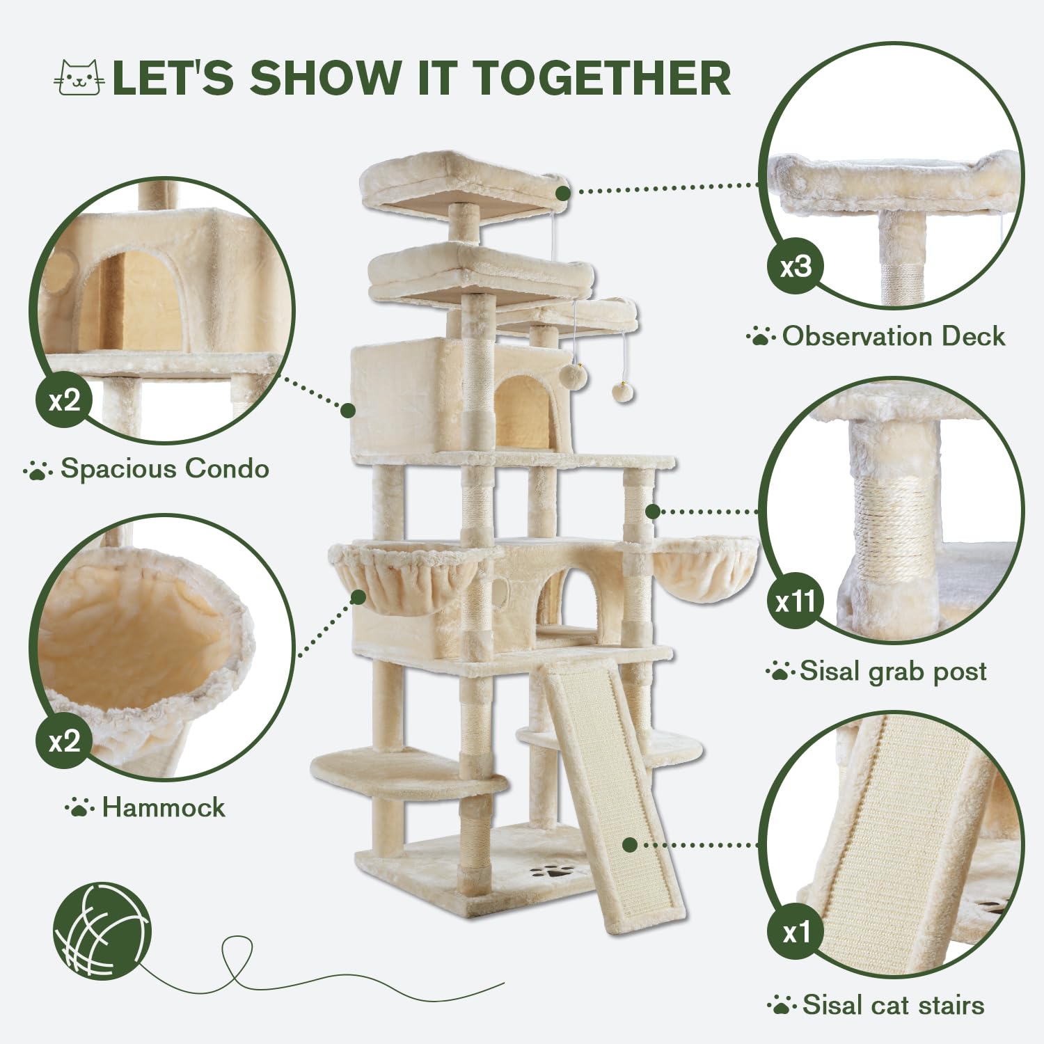 IMUsee 68-Inch Multi-Level Large Cat Tree for Big Cats - Sturdy Cat Tower with Condo, Plush Perches, Sisal Scratching Posts & Hammocks - Feline Activity Center & Playhouse (Beige) - Perfect for Indoor Cats, Playtime & Climbing Exercises