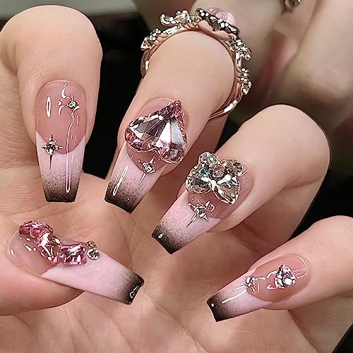 BABALAL 24Pcs Coffin Press on Nails - Long Fake Nails with Pink Black Gradient French Tip, 3D Butterfly & Heart Rhinestone Acrylic Nails for Women | Valentine's Day, Ballerina Style | Perfect for Parties, Weddings, and Special Occasions