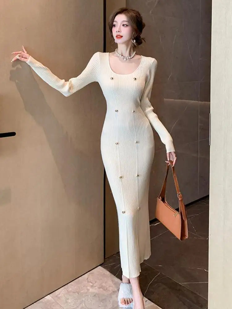 French Fashion Women's Elegant Long Sleeve Knit Dress - Square Neck Wrap Hip Office Dress for Autumn Winter | Slim Fit & Comfortable for Work, Parties & Date Nights