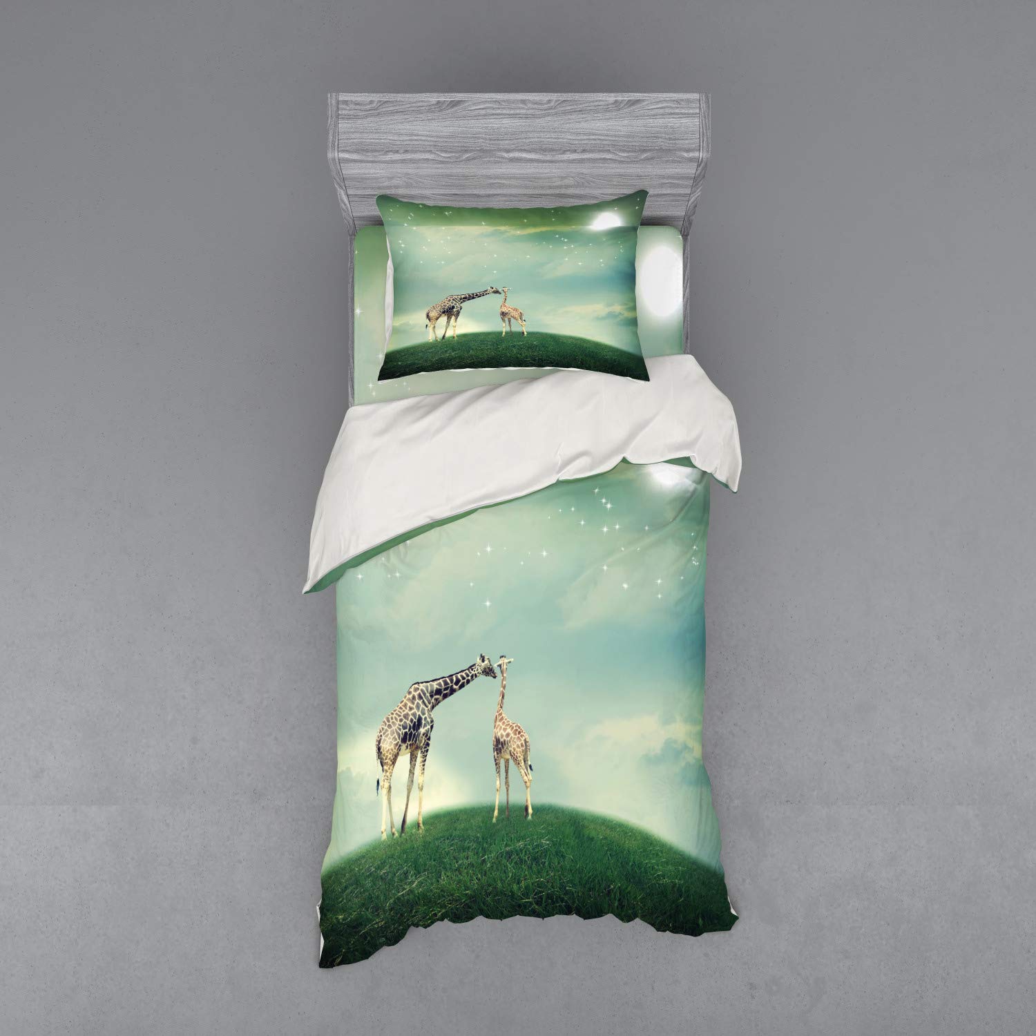 Ambesonne Giraffe 3-Piece Twin Bedding Set - Mother Giraffe on Meadow with Stars, Moon & Romantic Design - Duvet Cover, Sham & Fitted Sheet - Multicolor - Perfect for Kids' Rooms, Jungle Themed Decor & Wildlife Lovers