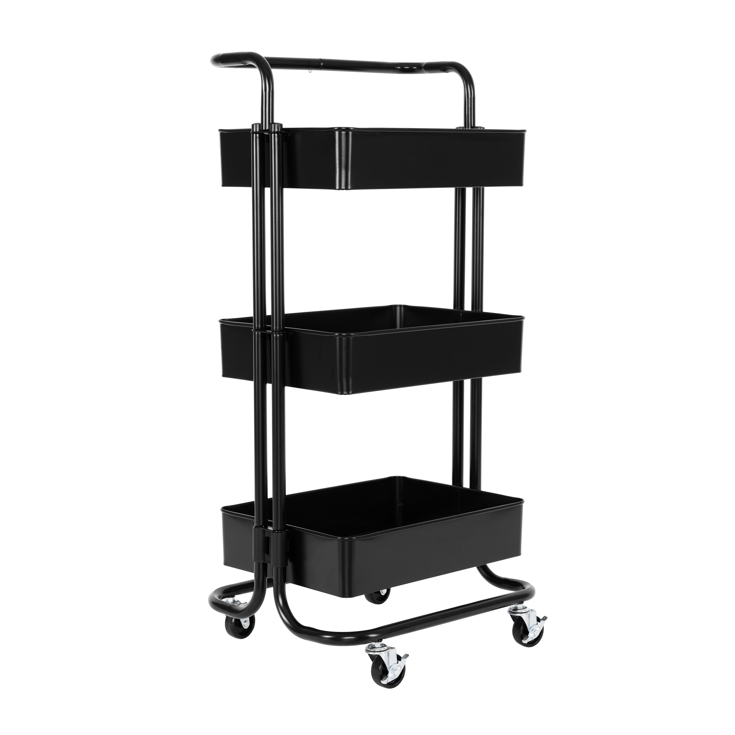 3-Tier Rolling Utility Cart with Handle - Heavy Duty Steel Storage Organizer for Kitchen, Bathroom, Office, or Garage - Black