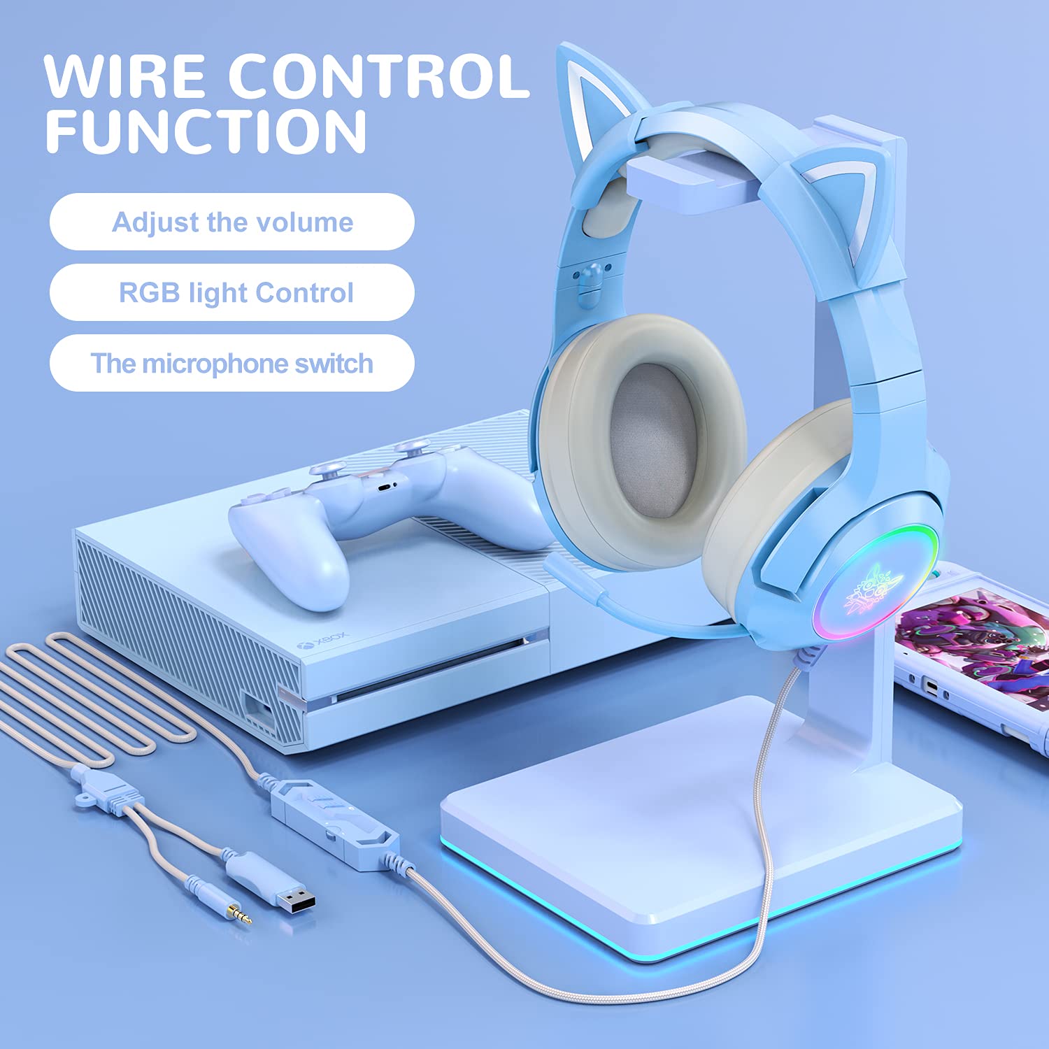 Blue Gaming Headset with Removable Cat Ears - Wireless Over-Ear Headphones for PC, PS4, PS5, Xbox One & Mobile | 7.1 Surround Sound, RGB Lighting, Retractable Mic | Perfect for Gaming, Streaming & Online Classes
