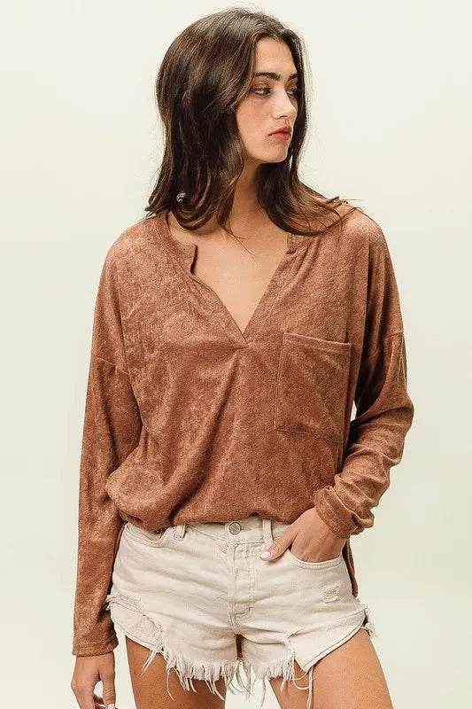 BiBi Loop Terry Solid V-Neck Pocket Top for Women - Soft Casual T-Shirt with Pocket - Perfect for Everyday Wear, Lounge, and Outings