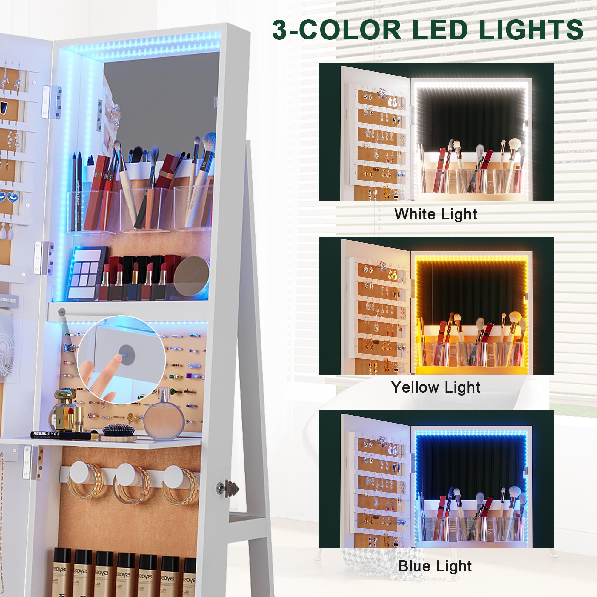 HNEBC 360° Swivel Jewelry Cabinet with LED Lights - Standing Jewelry Armoire Organizer with Full Length Mirror & Lockable Storage - Rotatable Jewelry Mirror for Bedroom, Closet, or Dressing Room (White)