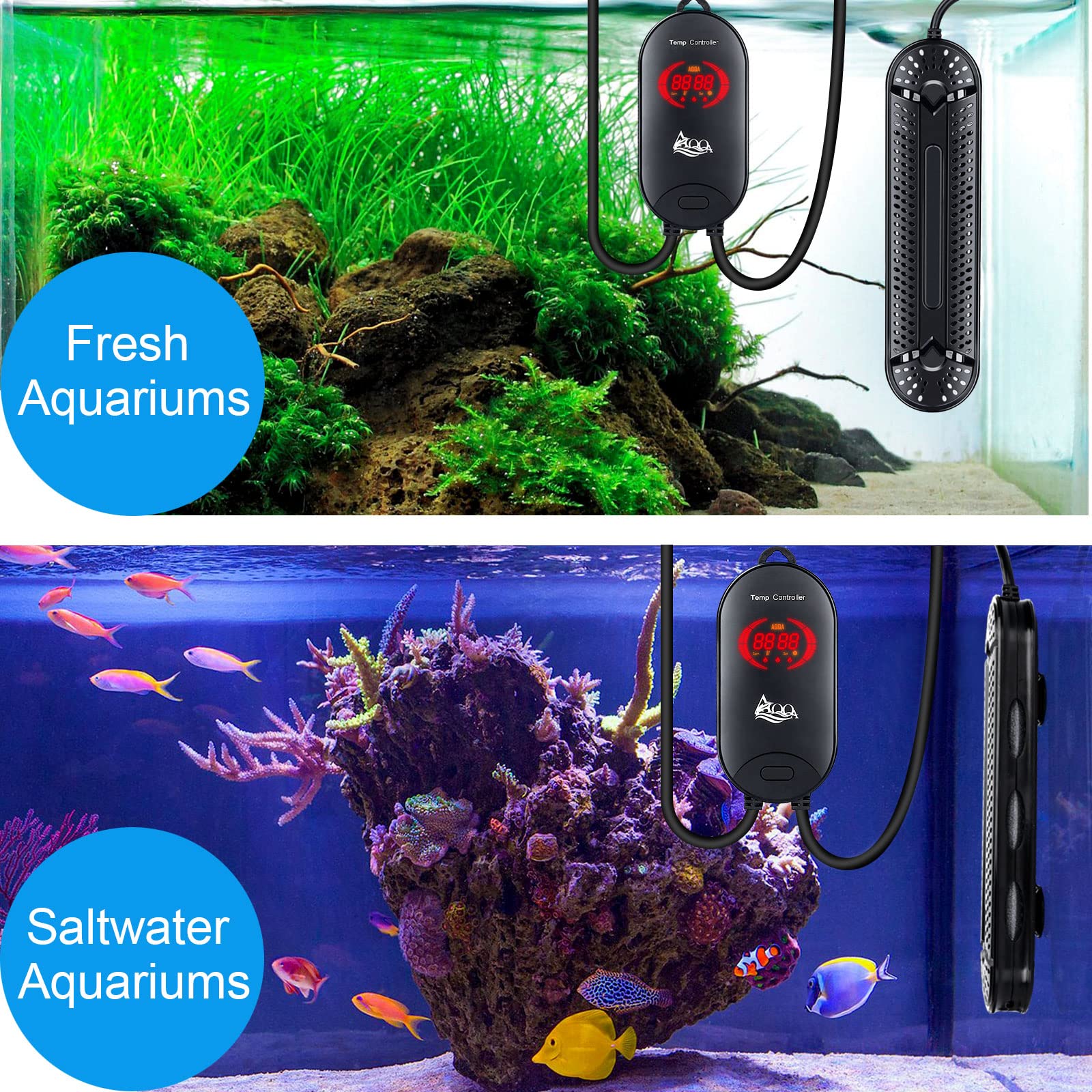 AQQA 500W Submersible Aquarium Heater for 66-135 Gallon Fish Tanks - Betta, Coral Marine & Freshwater Aquarium Thermostat (Ideal for Home, Office & Pet Store Aquariums)