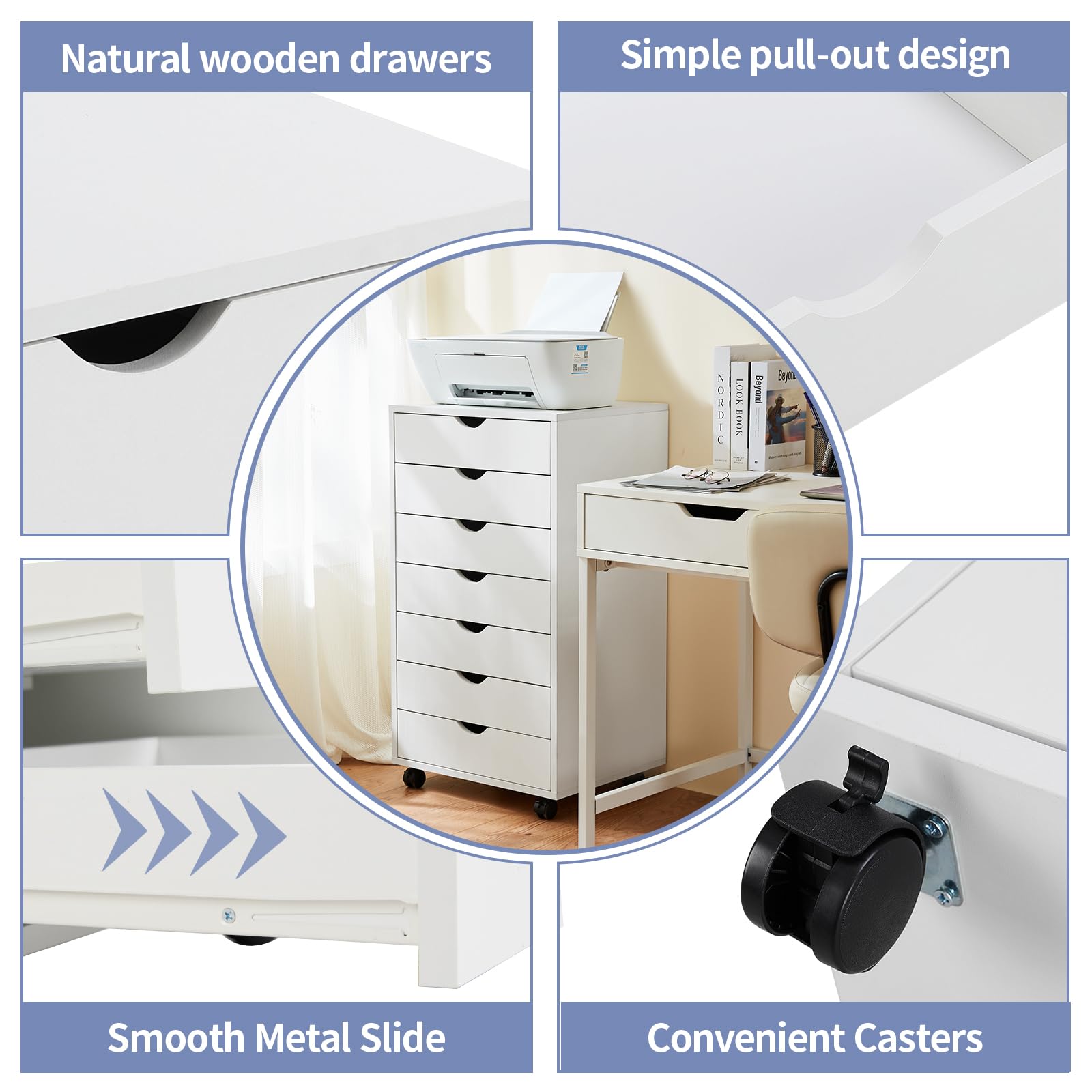 NEWBULIG 5-Drawer Wooden Storage Organizer - Mobile File Cabinet, Dresser & Printer Stand for Home Office, Study, Bedroom - Perfect for Organizing Documents, Supplies & Office Essentials