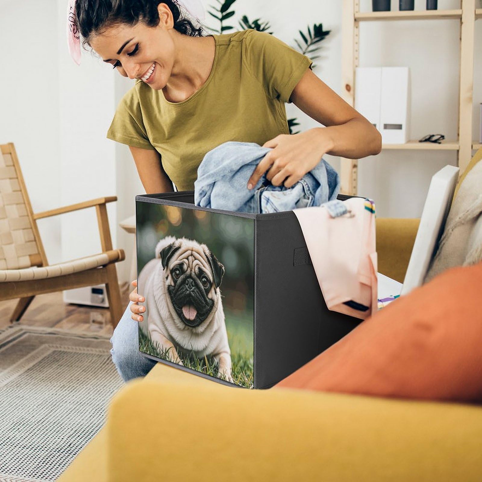 1PCS Foldable Storage Bins - Pug Dog Printed Large Capacity Storage Box with Handle, Organizer Cube for Playroom, Office & Home Organization | Perfect for Toys, Books & Clutter Control