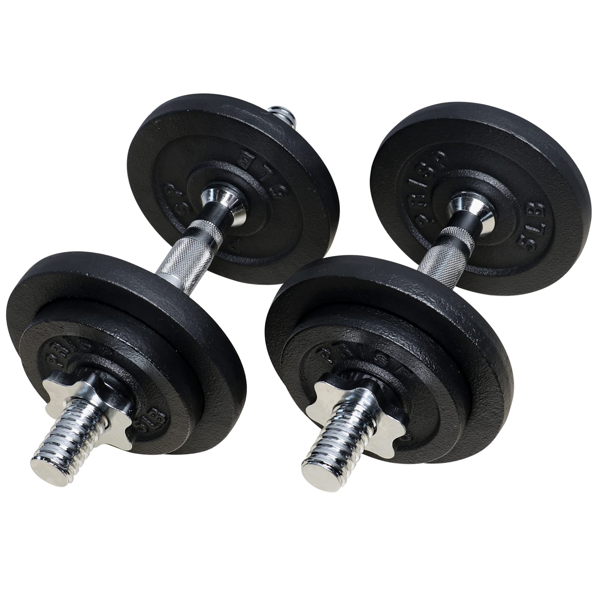 PRISP Adjustable Weight Dumbbell Set with 2 Bars, Cast Iron Plates & Threaded Collars - Home Gym Equipment for Strength Training, Muscle Building & Fitness Workouts