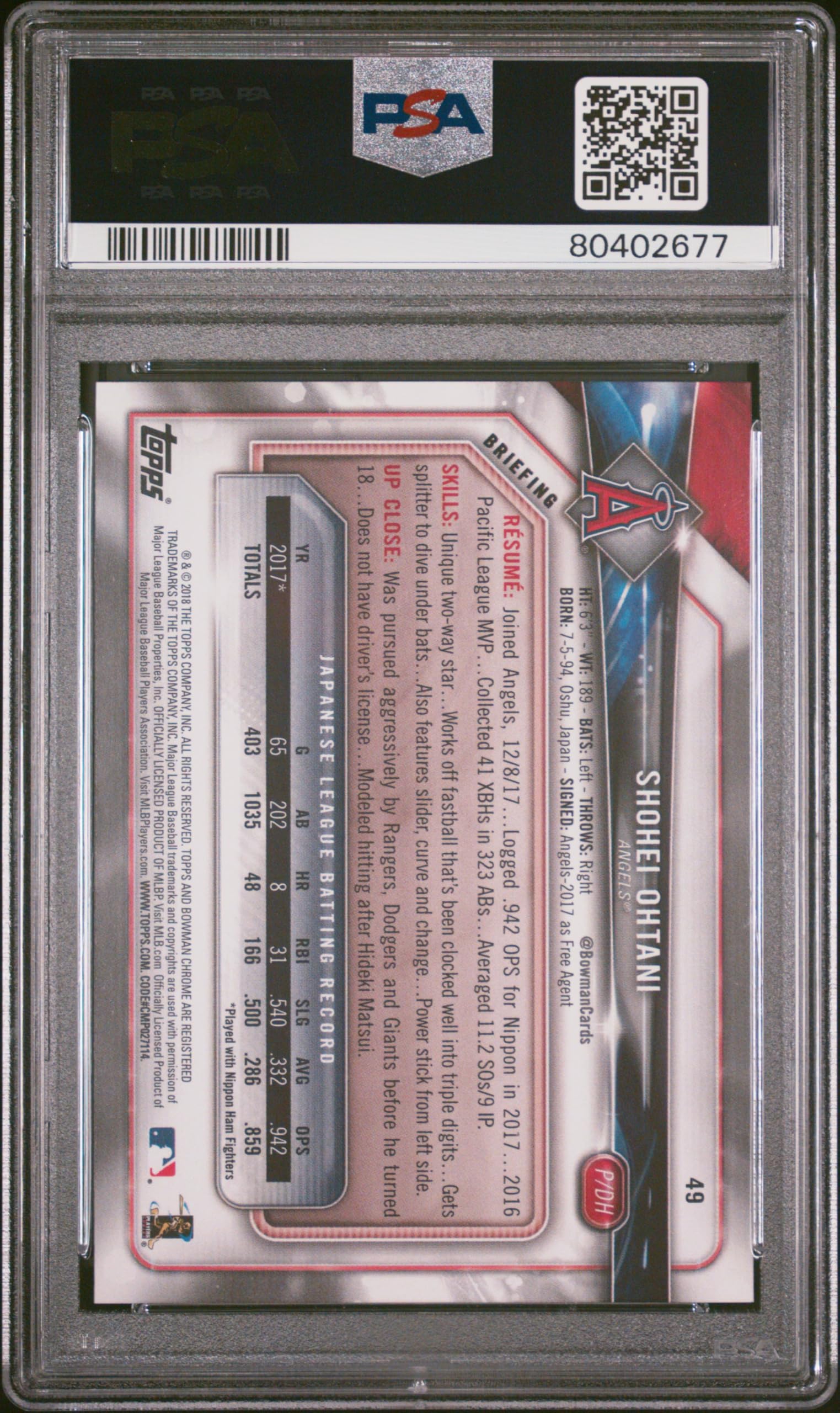 2018 Bowman Shohei Ohtani Rookie Card #49 PSA 10 Gem Mint - Perfect for Baseball Collectors & Sports Memorabilia Enthusiasts