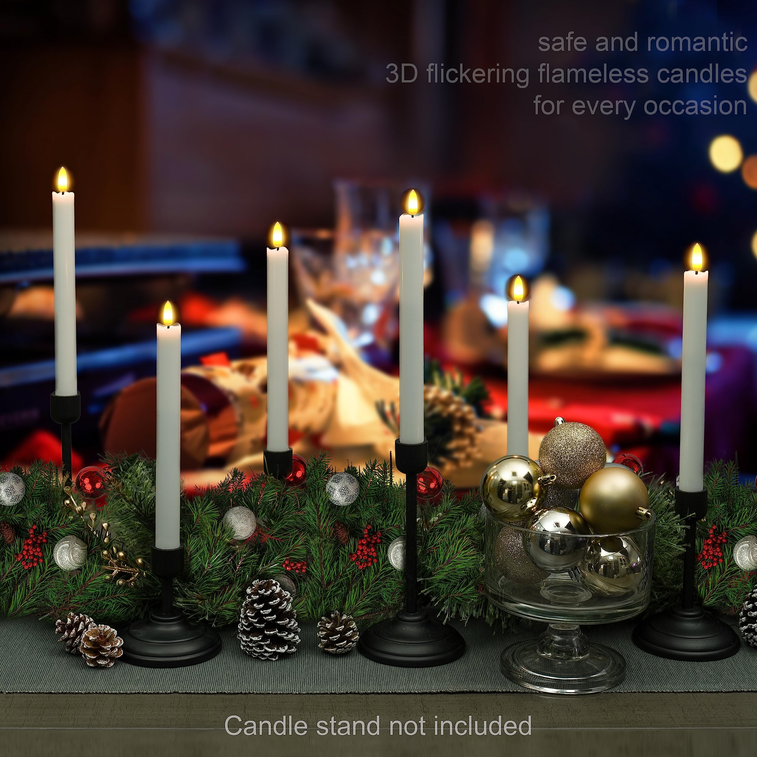 Flameless LED Taper Candles Set of 6 - Battery Operated Remote Control Candles with 3D Flickering Flame & Real Wax Coating for Windows, Home Decor, Christmas, Weddings & Romantic Ambiance