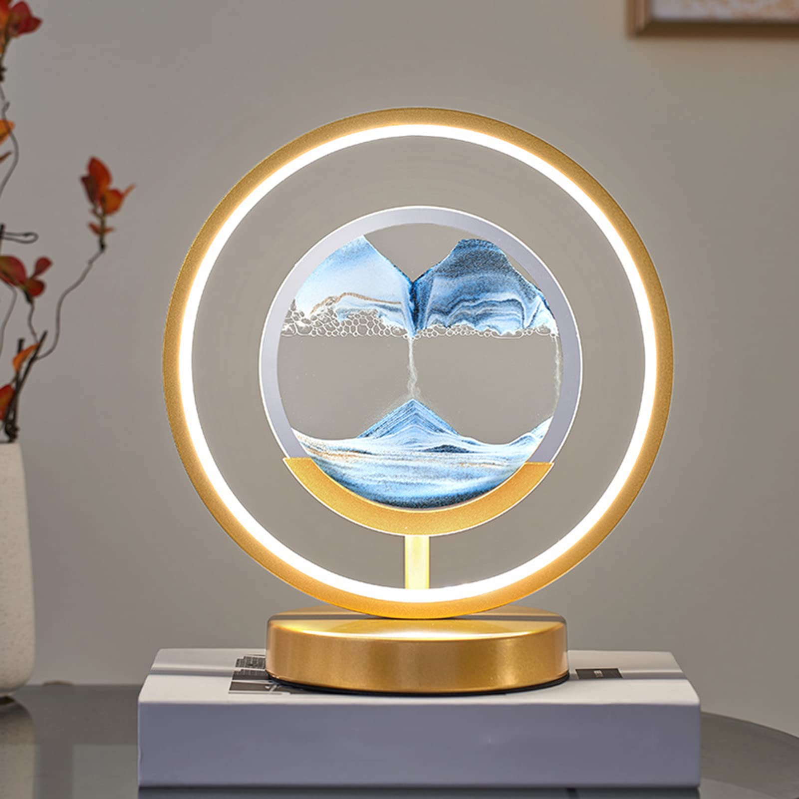 WLWMCFXPWH LED Moving Sand Art Hourglass Lamp - 3D Scenery Round Glass Night Light for Bedroom, Desk & Office Decor | Flowing Sand Frame Art Picture Gift for Adults & Kids (Blue) | Perfect for Relaxation, Meditation & Home Decoration