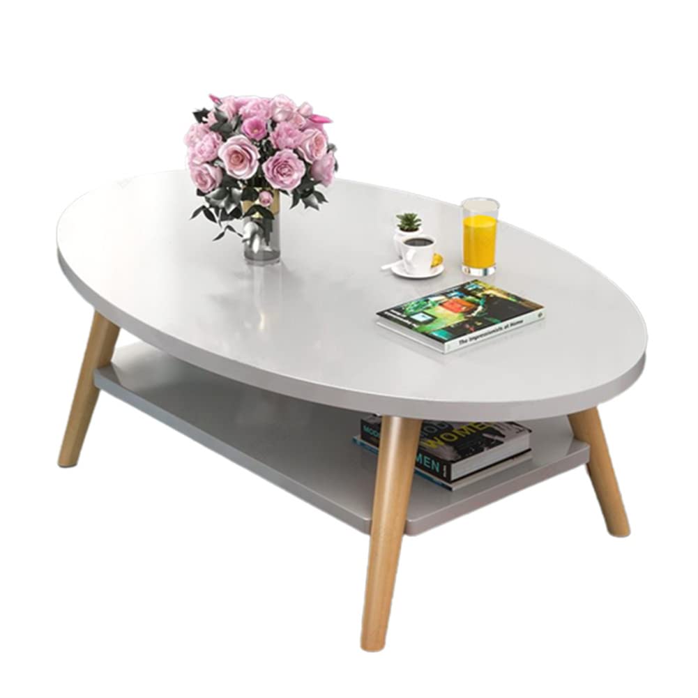 Modern 2-Tier Oval Coffee Table with Open Shelving - Solid Wood Legs, White Finish (100×50×42cm) - Stylish Sofa Side Table for Living Room, Office & Small Spaces