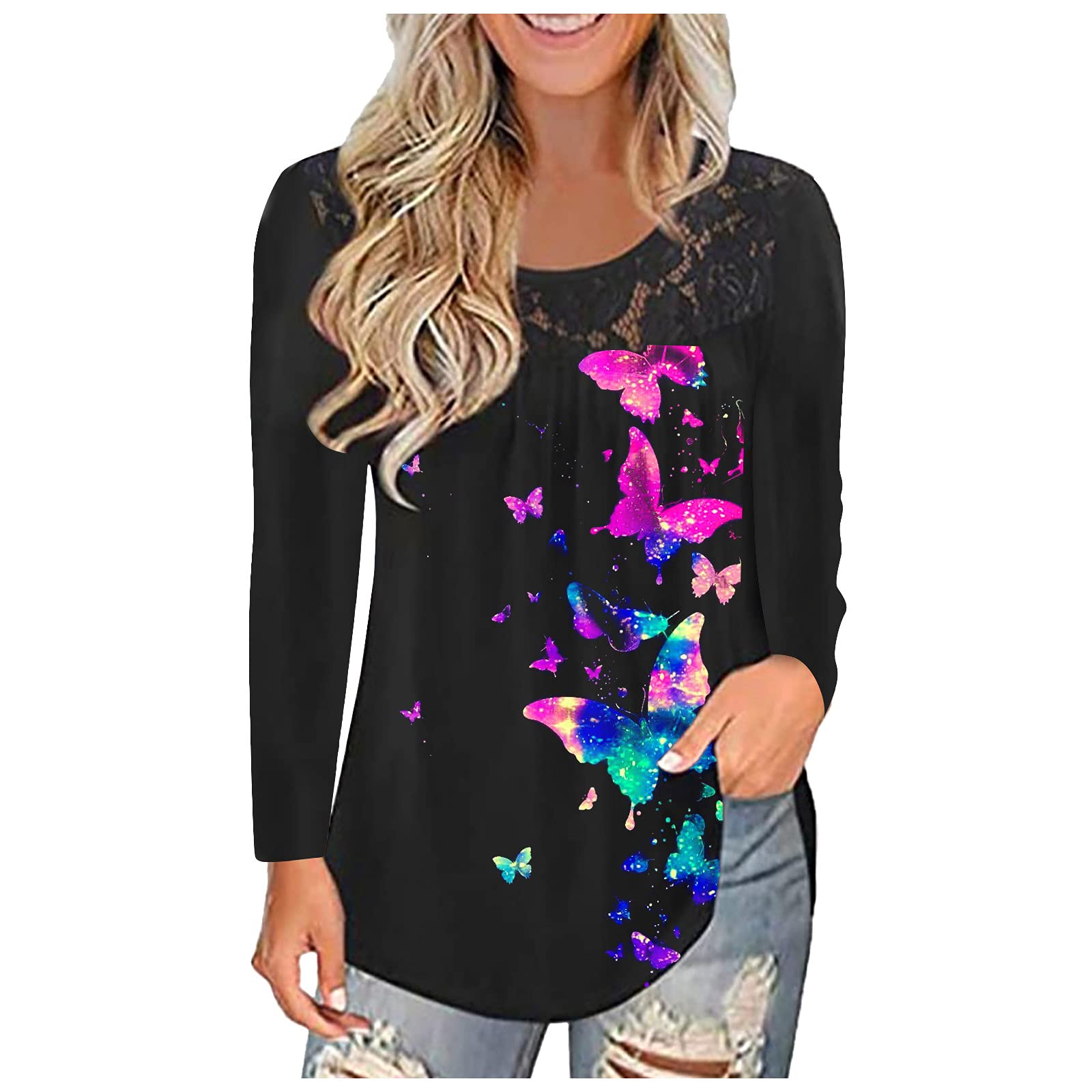 SERYU Women's Plus Size Blouses - Elegant Long Sleeve Lace Pleated Tunic Tops for Casual & Office Wear | Flattering Fit for Curvy Women | Perfect for Work, Date Night & Special Occasions