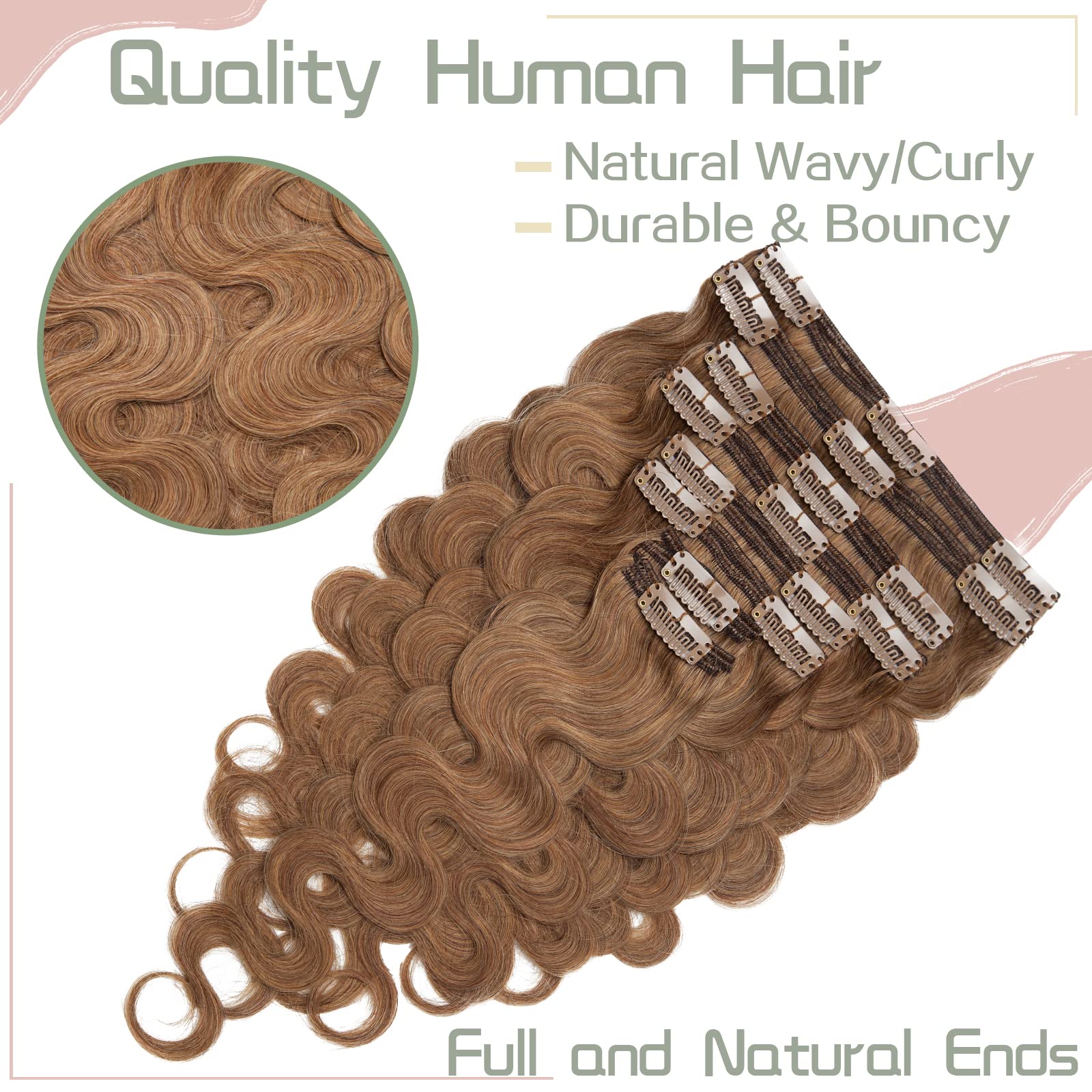 S-noilite 18 Inch Clip in Human Hair Extensions - 100% Remy Human Hair, Double Weft, Wavy/Curly Style (8 Pieces, 18 Clips, 140g, Light Brown #06) - Perfect for Parties, Weddings & Daily Styling