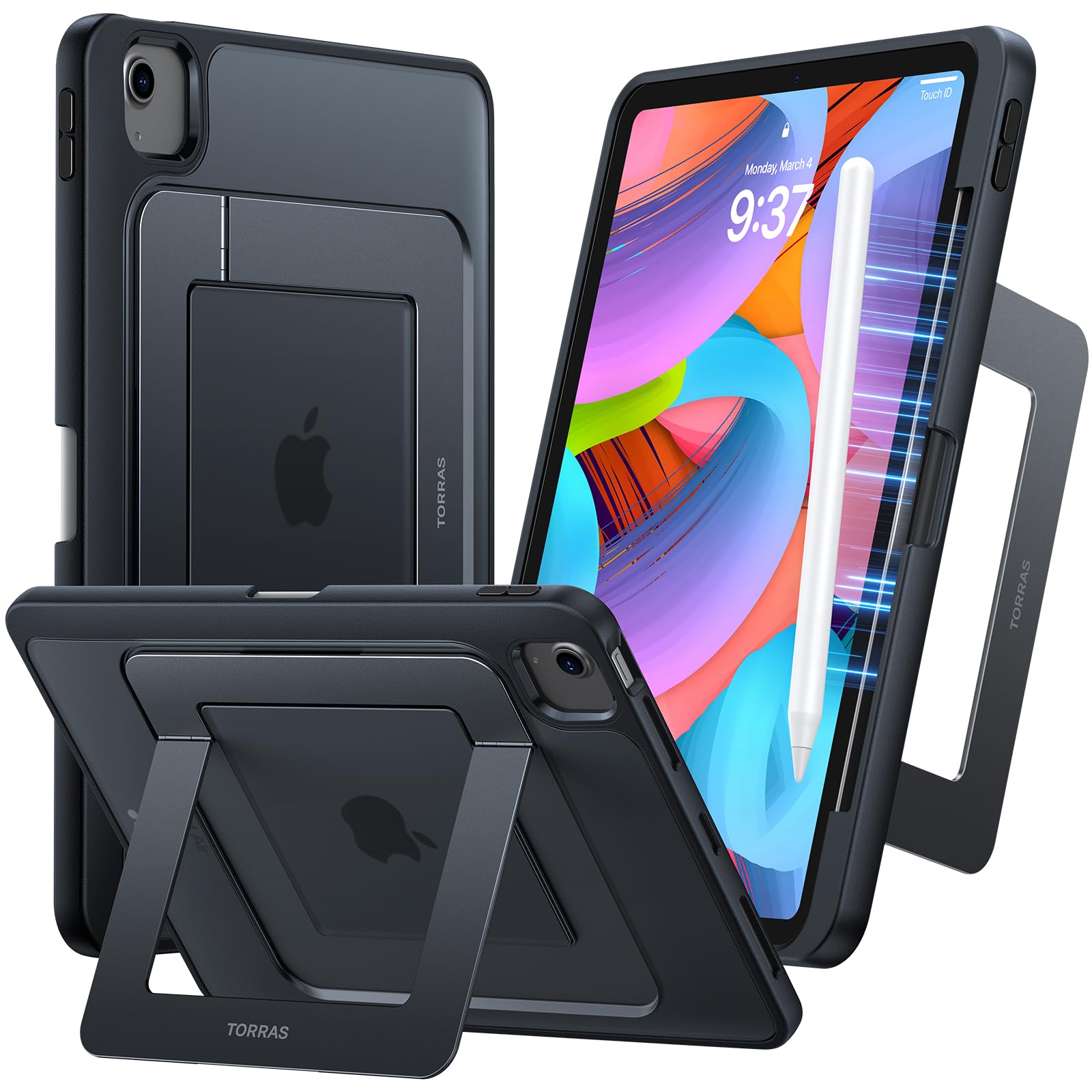 TORRAS iPad Air 11 inch Case (2025 M3/2024 M2 & 5th/4th Gen) - Ultra Stable Stand with Adjustable Viewing Angles, Protective Kickstand Cover with Apple Pencil Holder - Perfect for Work, Travel & Home Use - Black