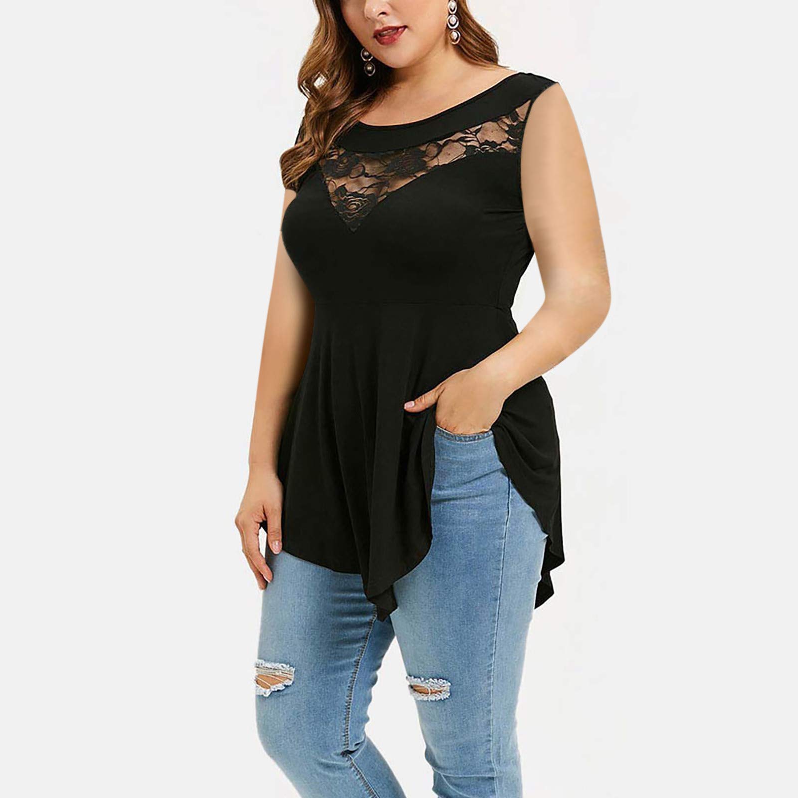 Floral Lace Plus Size Women's Sleeveless Blouse - Asymmetric O-Neck Tunic Top for Casual Wear & Summer Outfits