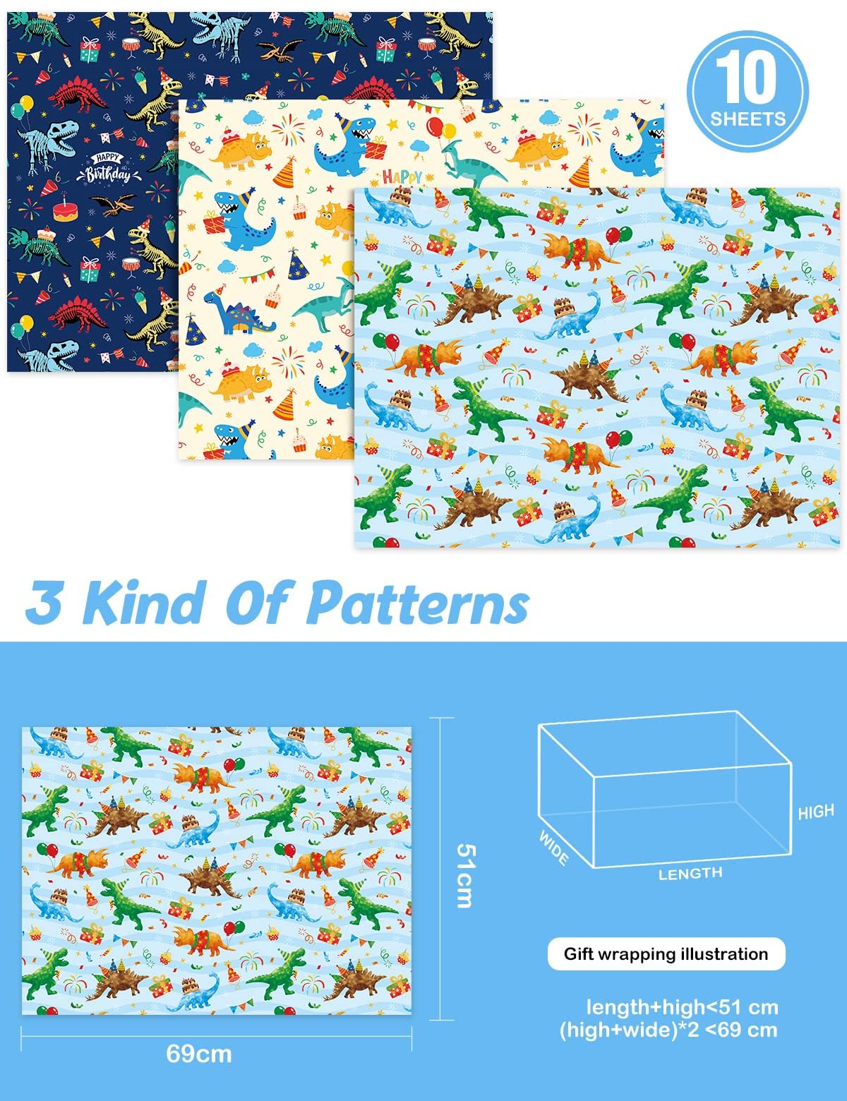 Dinosaur Wrapping Paper - 10 Sheets Dino Gift Wrap for Boys & Girls, 3 Cute Patterns (20''x27''), Perfect for Birthday Presents, Christmas Gifts & Dino Themed Parties | WERNNSAI Premium Wrapping Paper