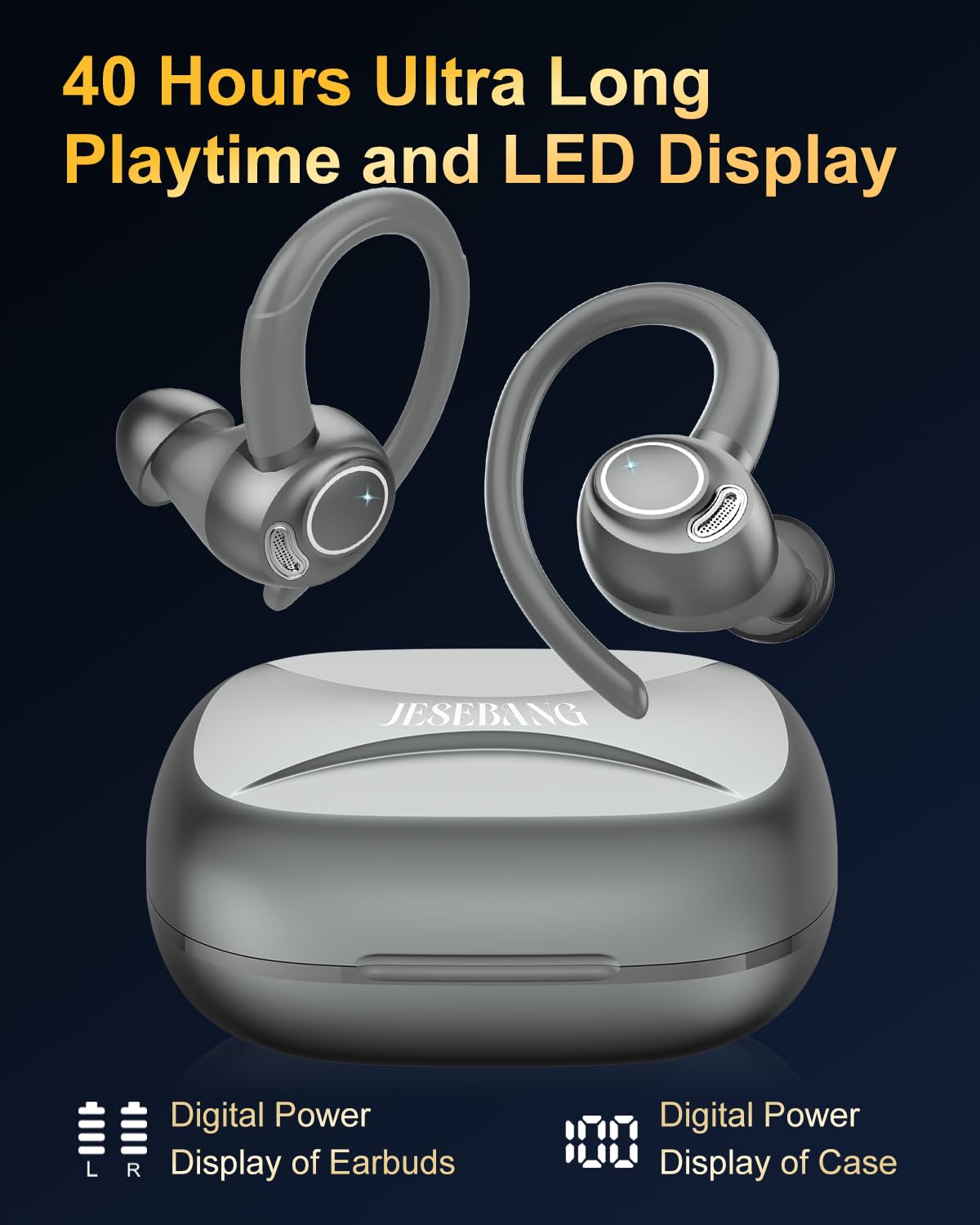 Jesebang 2024 Wireless Bluetooth 5.3 Sports Headphones - HiFi Stereo Earbuds with ENC Mic, IP7 Waterproof, 40H Playtime & LED Display - Perfect for Running, Gym Workouts & Outdoor Activities
