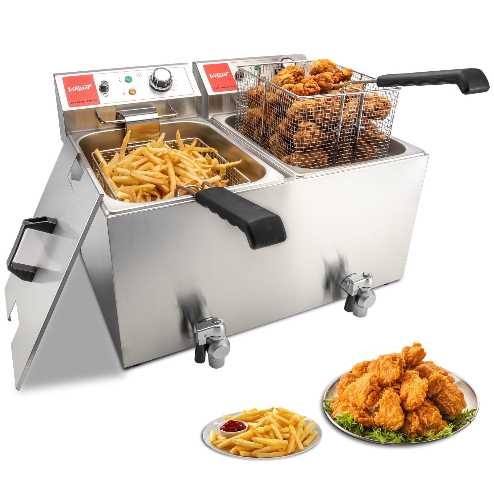 Valgus Dual Tank Commercial Deep Fryer - 1700W Electric 26L Large Capacity Stainless Steel Countertop Fryer with Basket, Lid & Drain System - Perfect for Home Kitchens, Restaurants & Catering Businesses - Ideal for Frying Chicken, Fish, French Fries & More