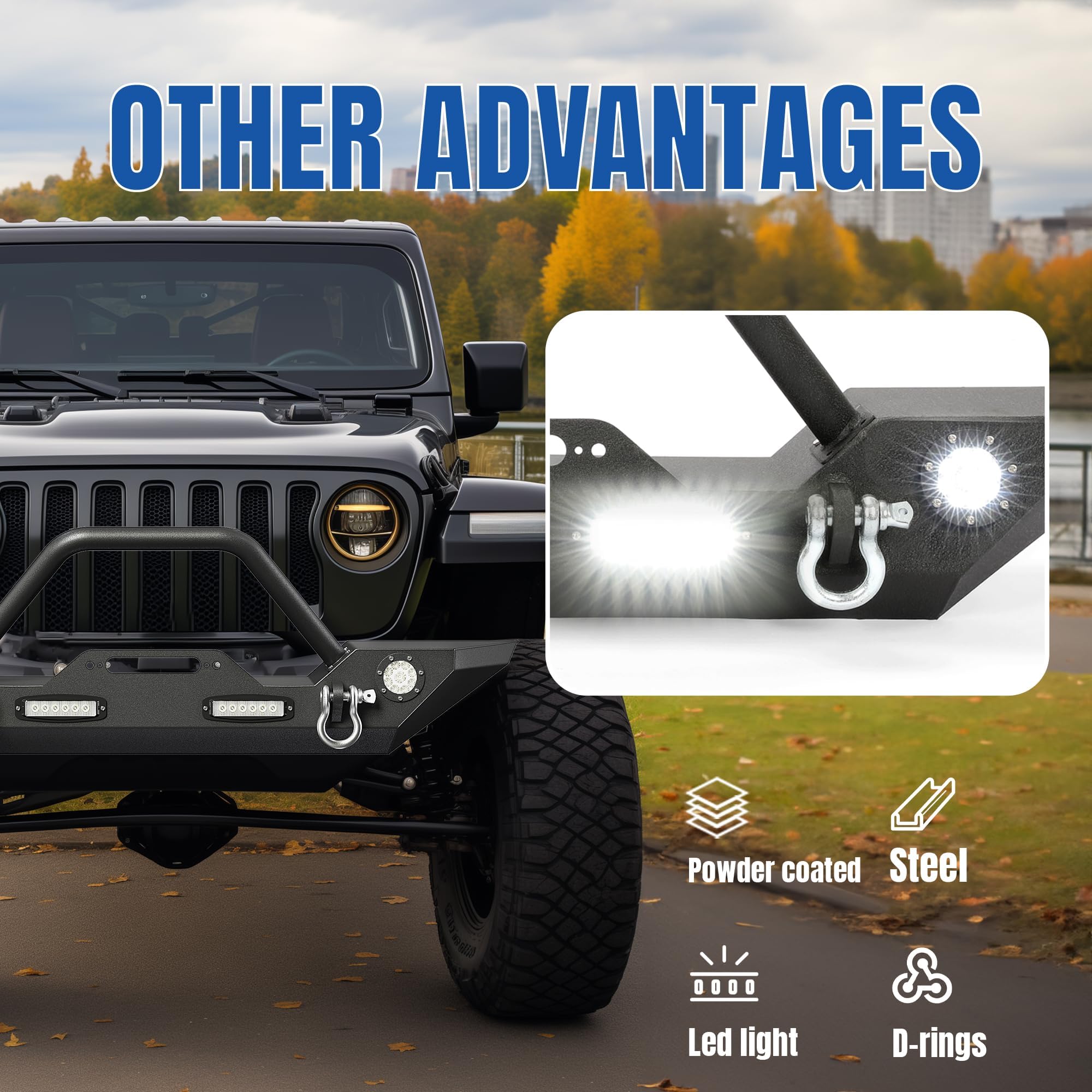 KUAFU Black Front Bumper with LED Lights, D-Rings & Winch Plate - Compatible with 2007-2025 Jeep Wrangler JK, Unlimited JL & Gladiator JT | Off-Road Adventure & Truck Protection Accessory