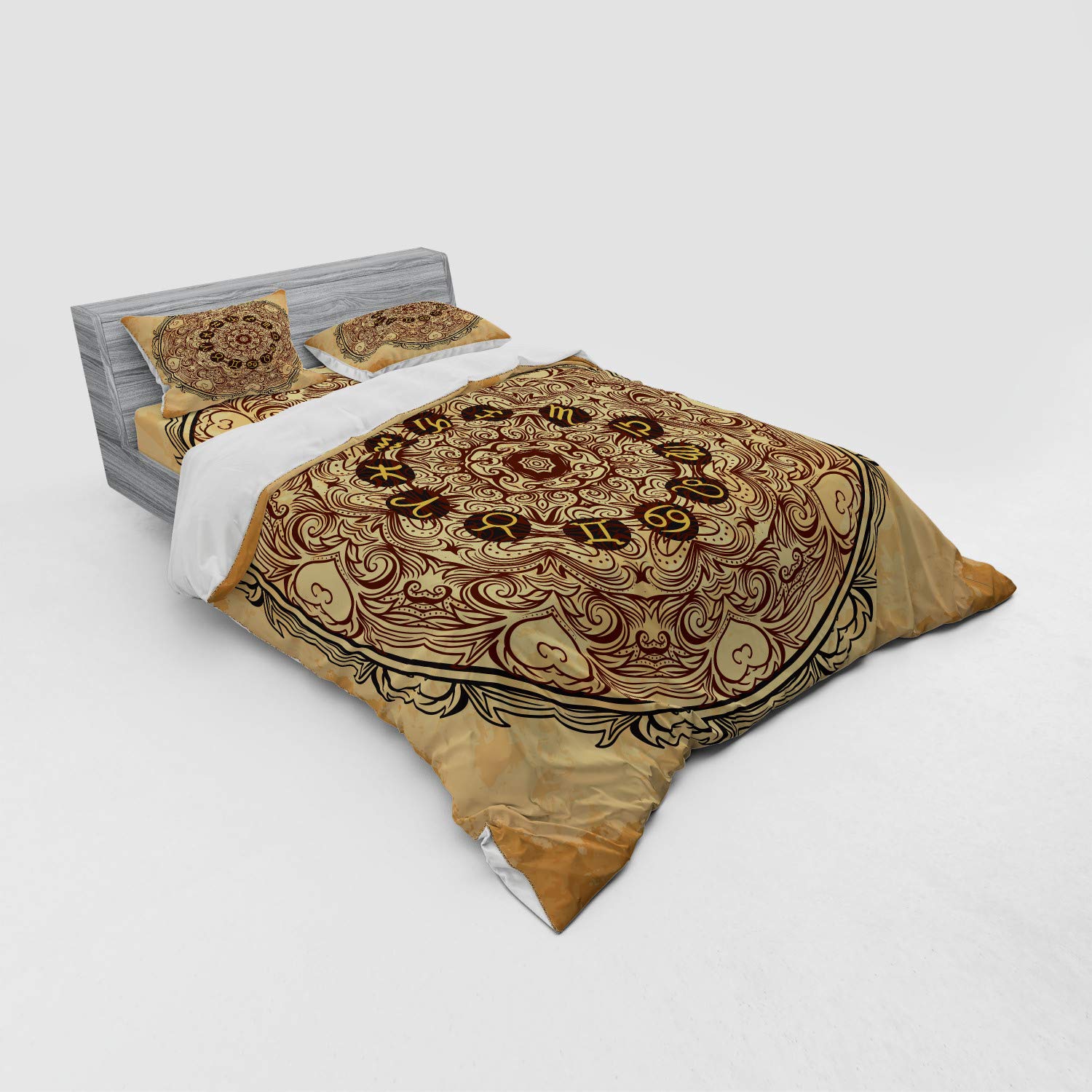 Ambesonne Zodiac Bedding Set - 4 Piece Queen Size Duvet Cover with Shams & Fitted Sheet, Micro Cosmos Universe Design with Eastern Lace Mandala & Zodiac Signs on Grunge Backdrop, Brown Tan - Perfect for Astrology Lovers' Bedroom Decor & Boho Chic Home Styling
