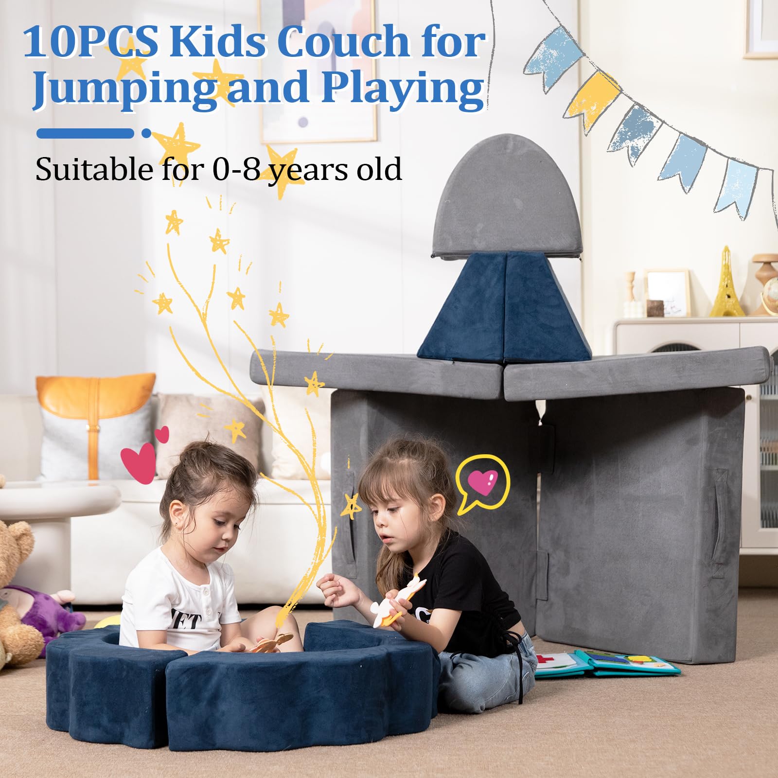 10PCS Kids Modular Foam Sofa Set - Convertible Toddler Play Couch for Boys & Girls, Grey & Blue (YME0008) | Indoor Playroom Furniture for Creative Play & Imaginative Fun
