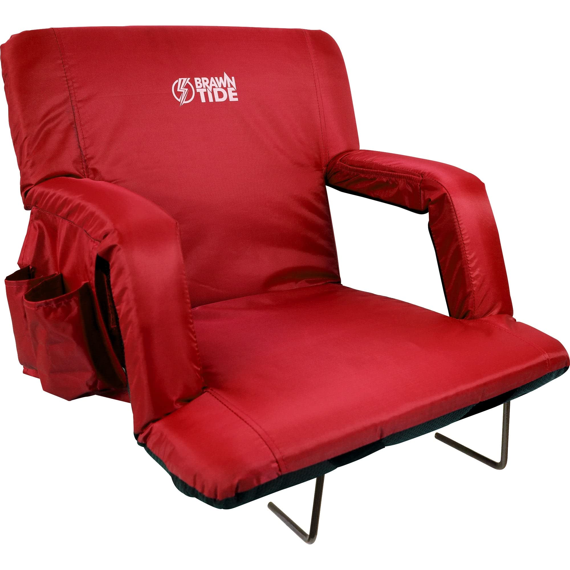 BRAWNTIDE Wide Stadium Seat with Back Support - Comfortable Bleacher Chair with Thick Padding, 2 Steel Hooks & 4 Pockets - Perfect for Sports Games, Concerts, Parks & Outdoor Events (Red, Wide Size) - Great for Football, Baseball, Picnics & Camping