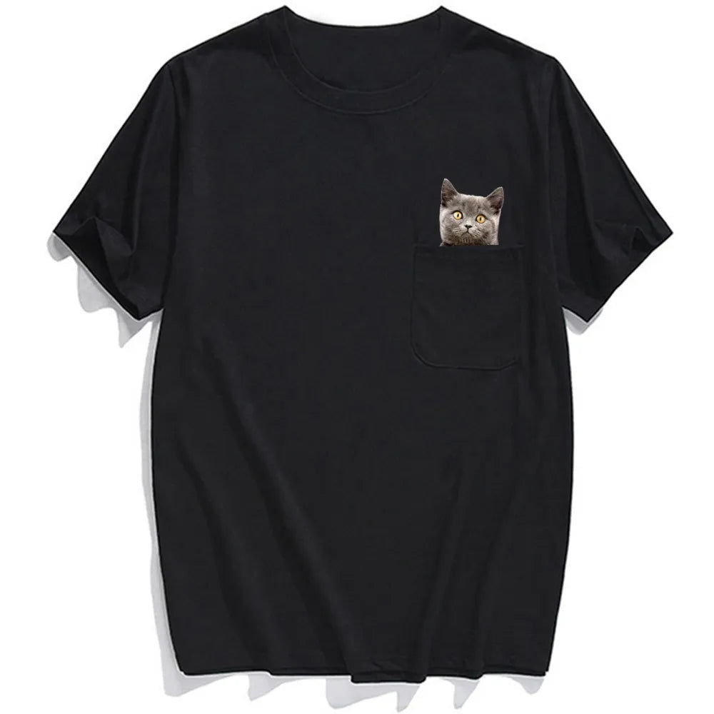 Funny Animal Print T-Shirt - Cat Stickers & Pocket Design - Men's & Women's Fashion Cotton Tee for Summer | Casual Wear, Hip Hop Style, Gift Idea