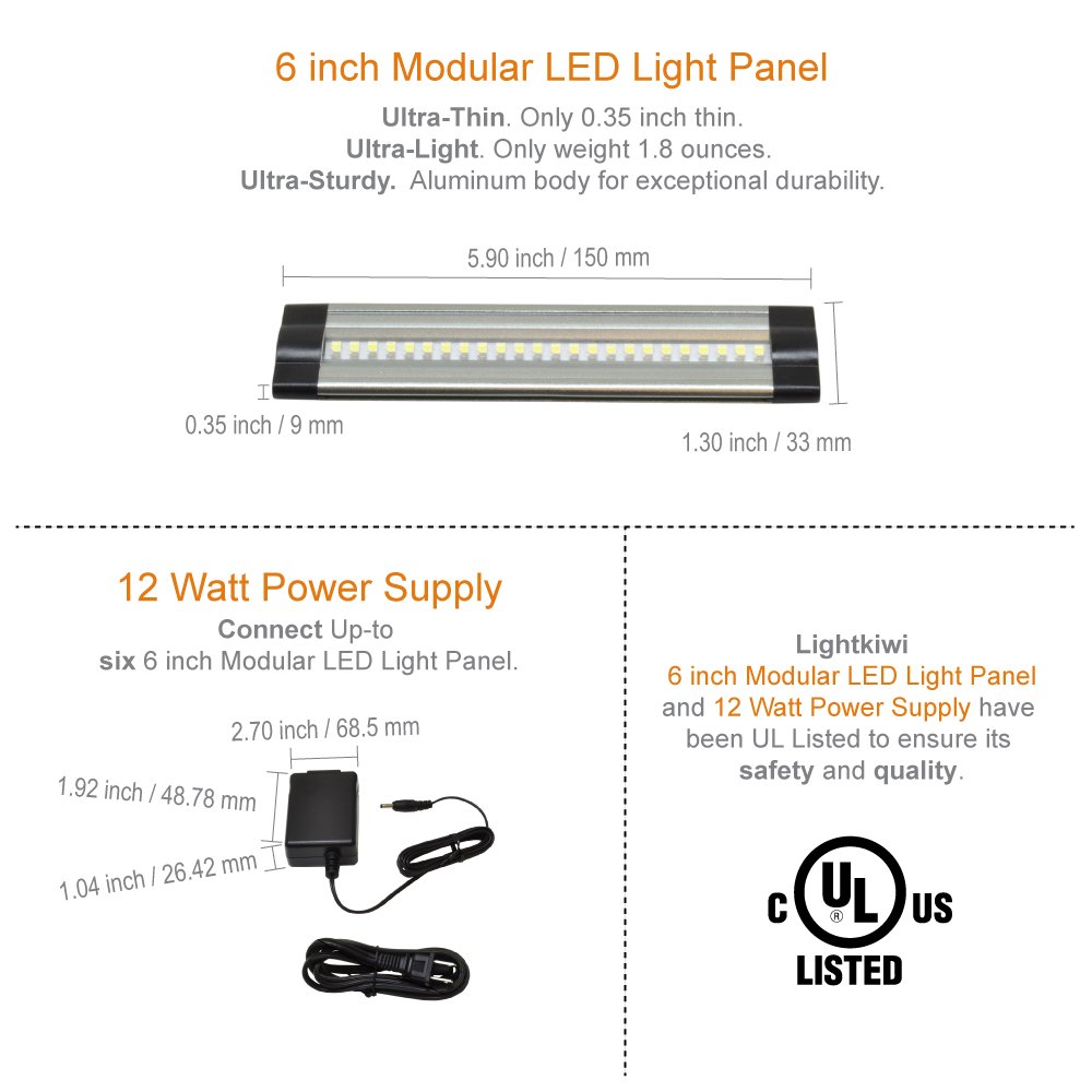 Lightkiwi Dimmable LED Under Cabinet Lighting Kit - 4 Panels (6 Inches Each) 3000K Warm White, 7.2W 24VDC with Dimmer Switch - Low Profile Aluminum Fixtures for Kitchen Counter, Pantry & Workspace - UL Listed