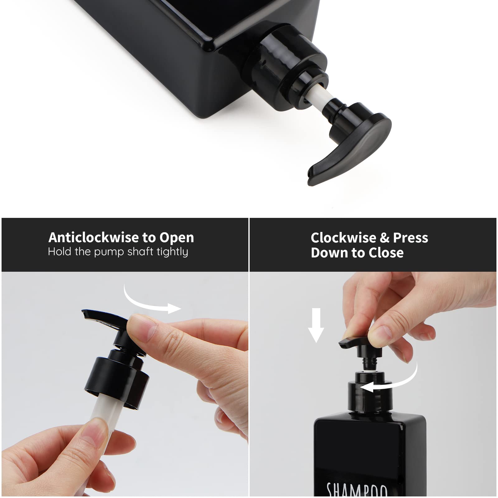 Segbeauty 3-Pack Square Soap Dispenser Set - 16.9oz (500ml) Refillable Black Plastic Pump Bottles for Shampoo, Conditioner, Body Wash & Lotion | Bathroom & Shower Organizer for Liquid Soap, Gel & Hair Care Products