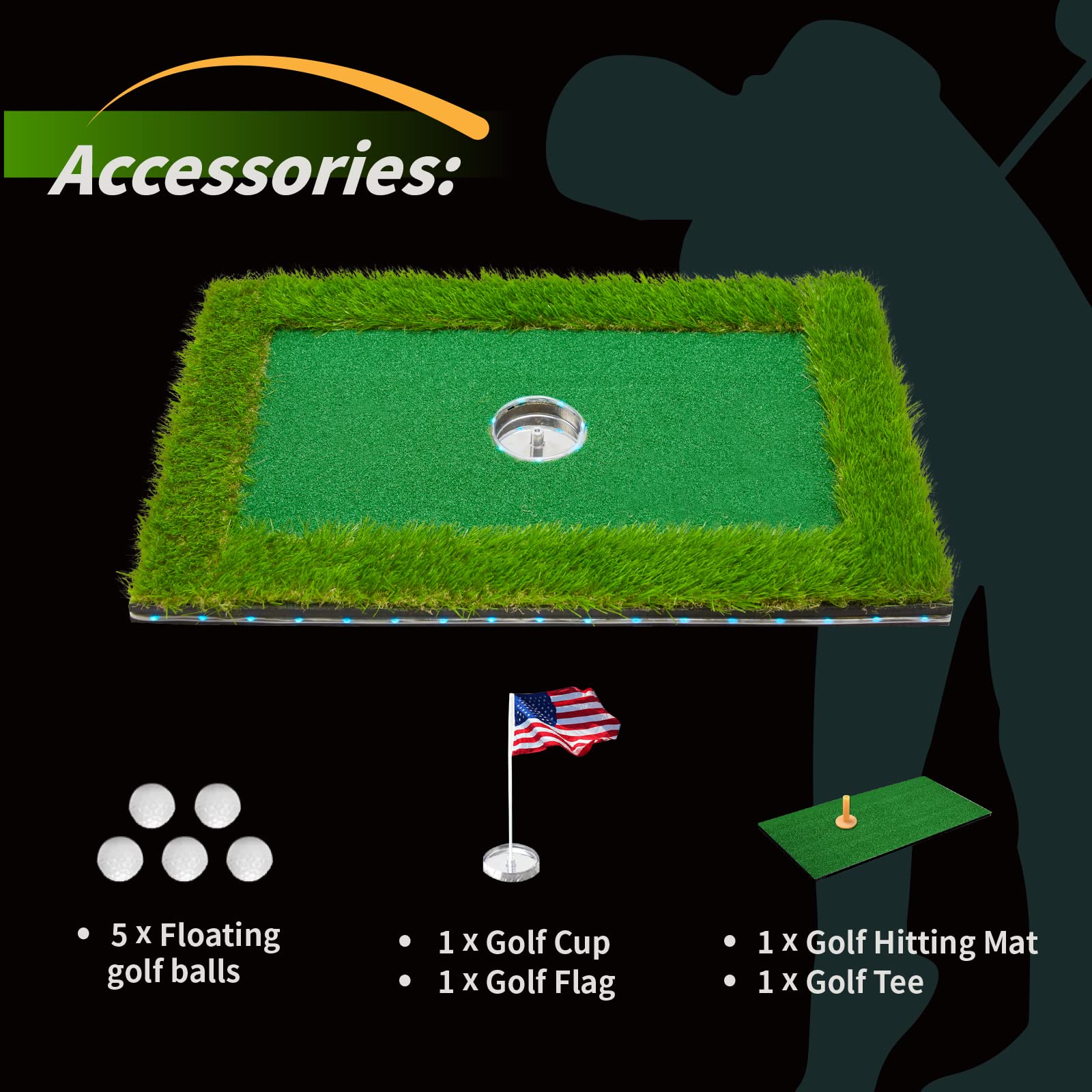 LED Floating Golf Green for Pool - 16 Color Remote Control Chipping Mat with Ring & Edge Lights - Perfect for Nighttime Backyard Swimming Pool Games & Outdoor Entertainment