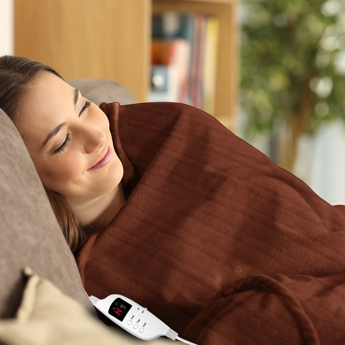 Laura Hill Heated Electric Blanket - Ultra Soft Fleece Throw with Adjustable Temperature (Brown & Coral) - Perfect for Cozy Nights, Winter Warmth & Home Comfort