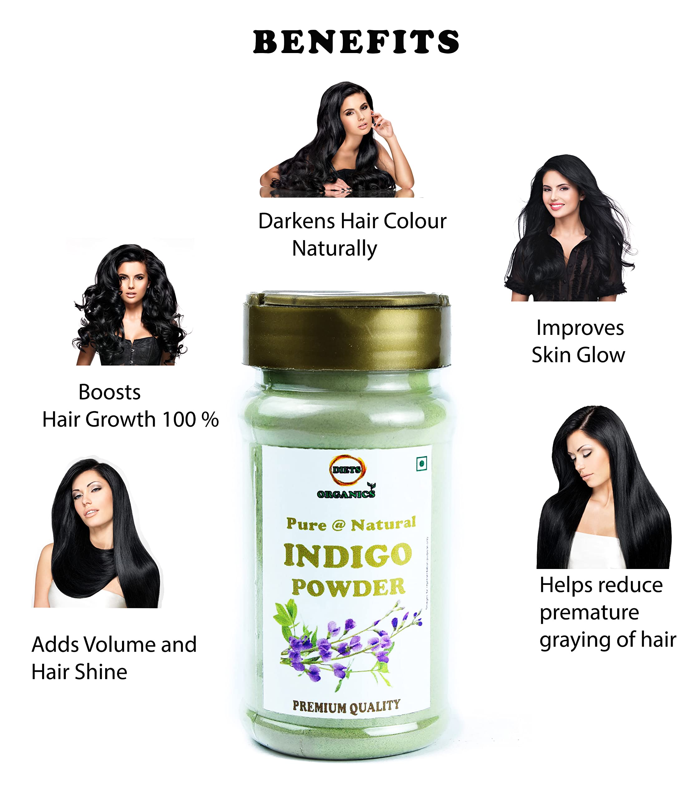 DIET Organics Indigo Powder for Natural Black Hair - 50g (Pack of 1) | Chemical-Free Hair Dye & Gray Coverage | Perfect for DIY Herbal Hair Coloring at Home